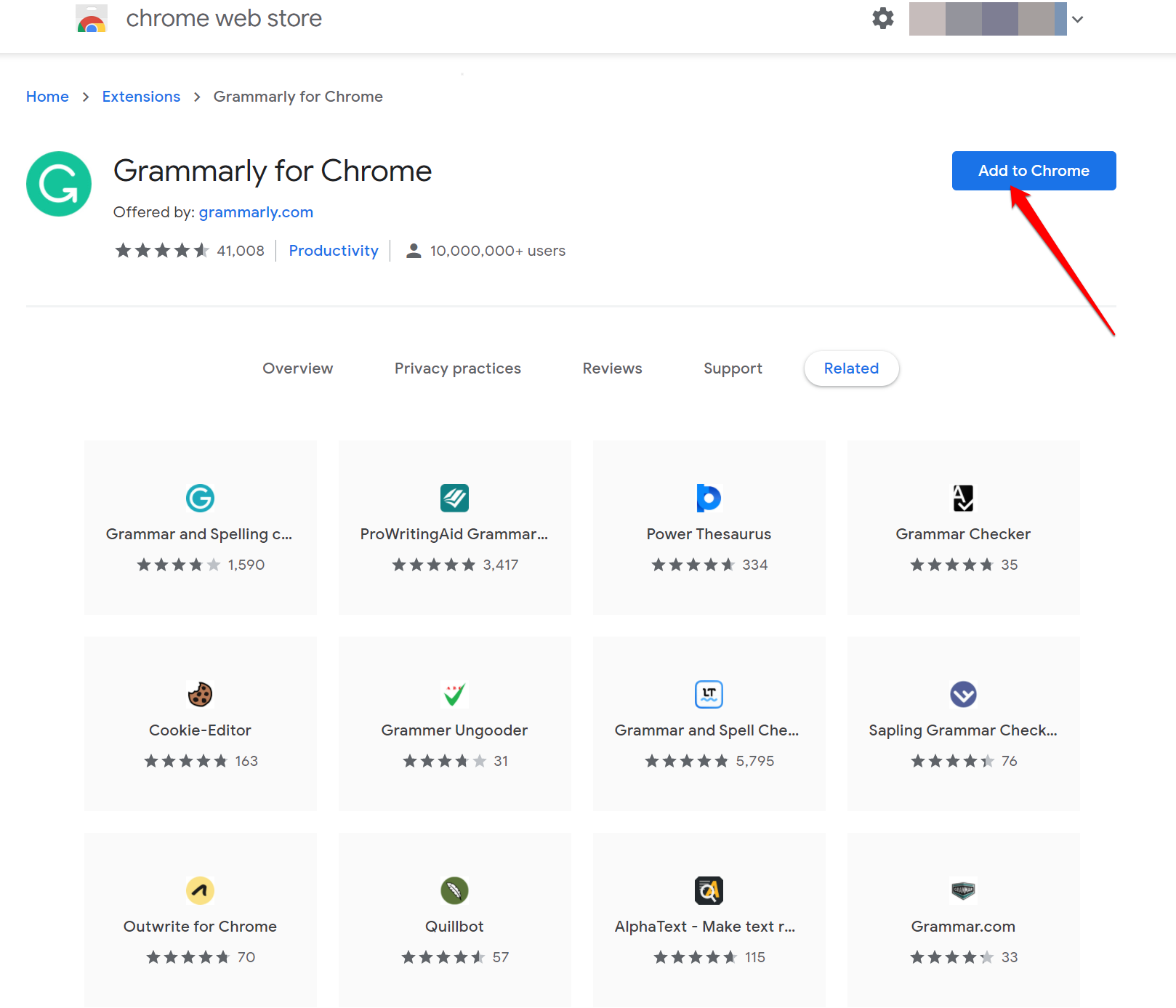 Screenshot of the Grammarly extension webpage