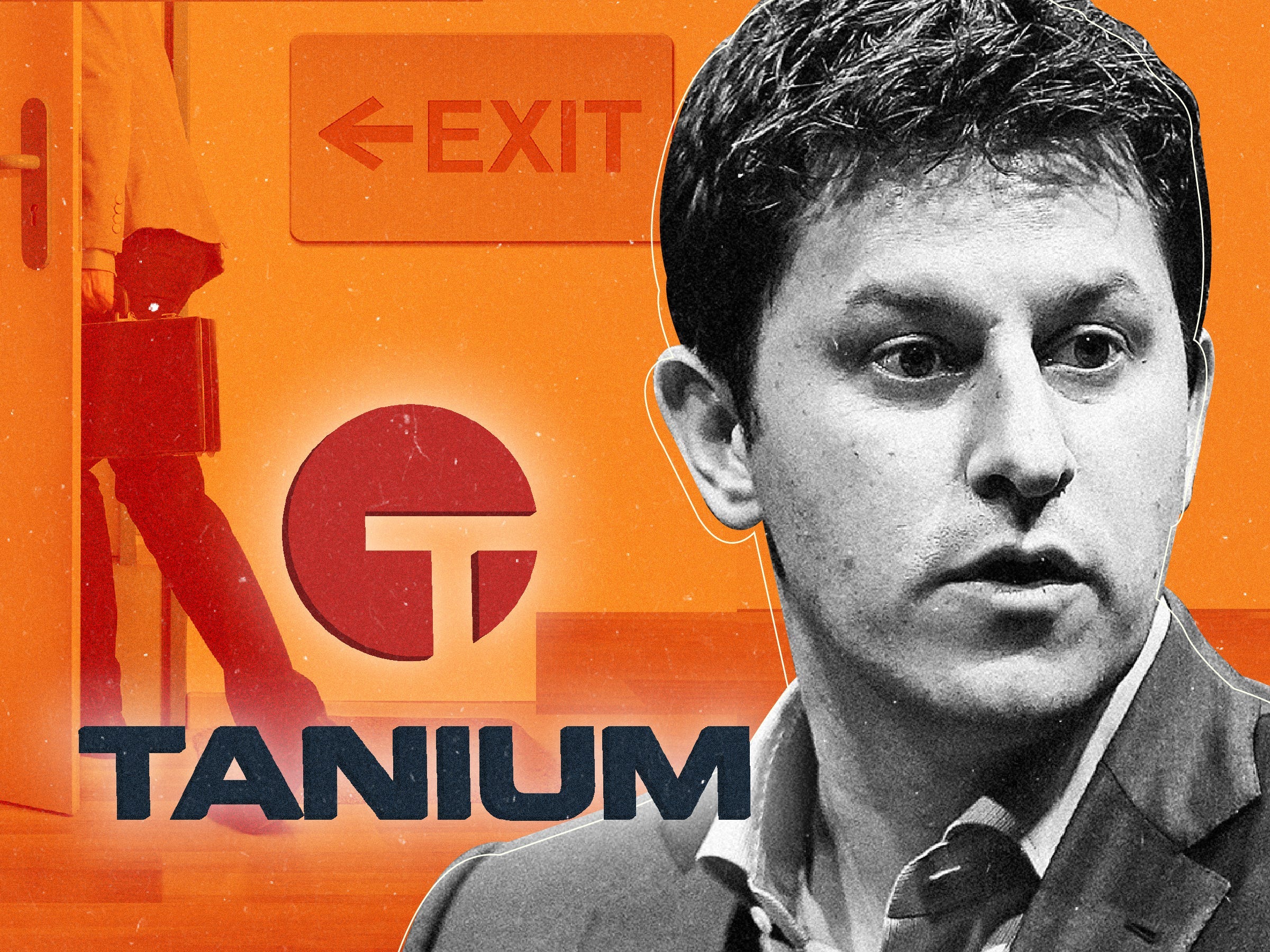 Orion Hindawi, Co-founder, President, and CTO of Tanium with a person walking out the door behind him to the left and the Tanium logo on the right on an orange background.