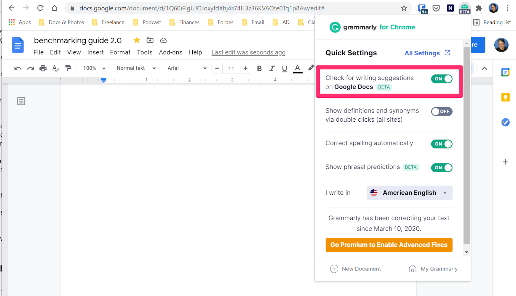 Screenshot of the Grammarly extension in Chrome