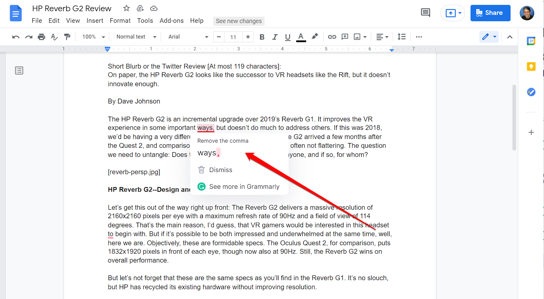 Screenshot of Grammarly suggestions in Google Docs