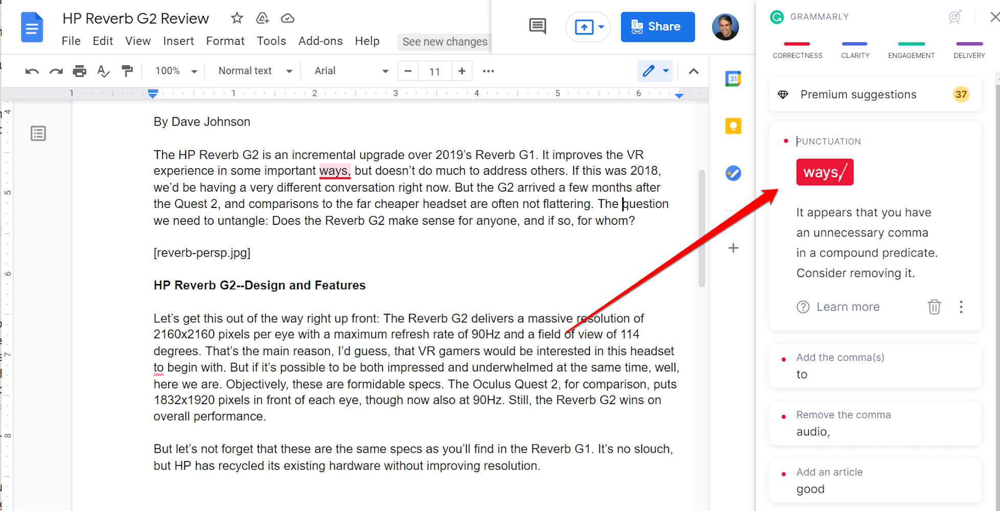 Screenshot of Grammarly sidebar in Google Docs