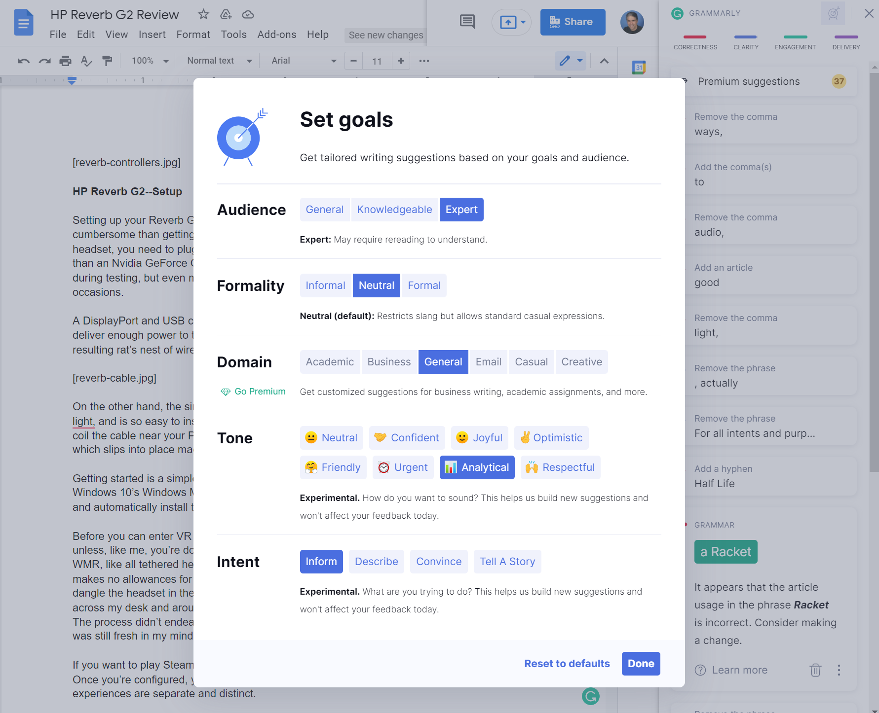 Screenshot of Grammarly's Set Goals window