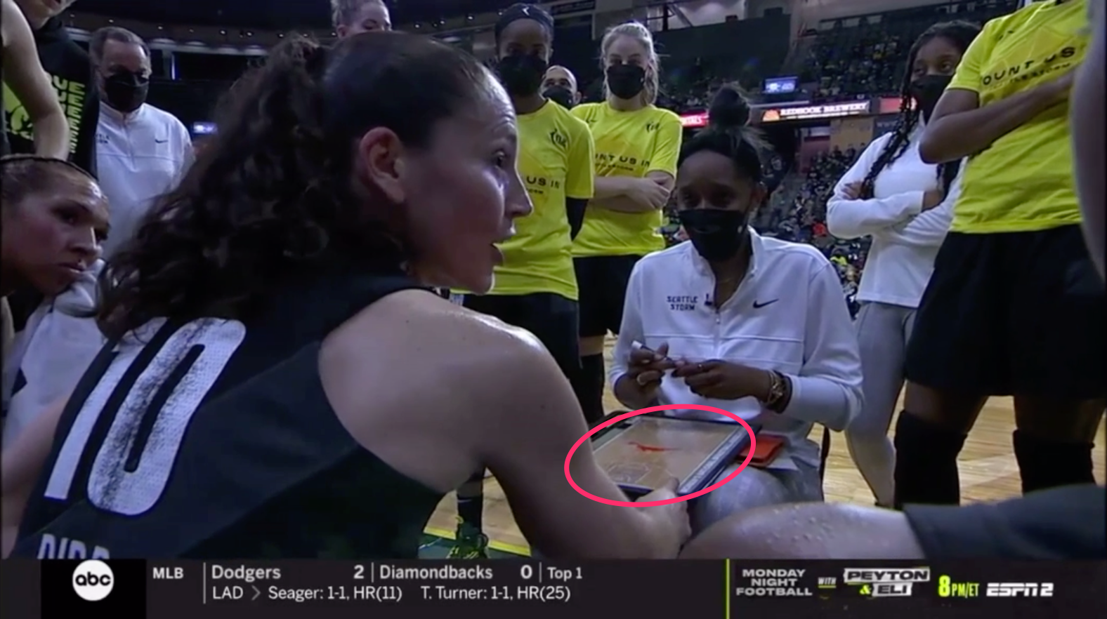 Sue Bird calls plays during a Seattle Storm huddle.