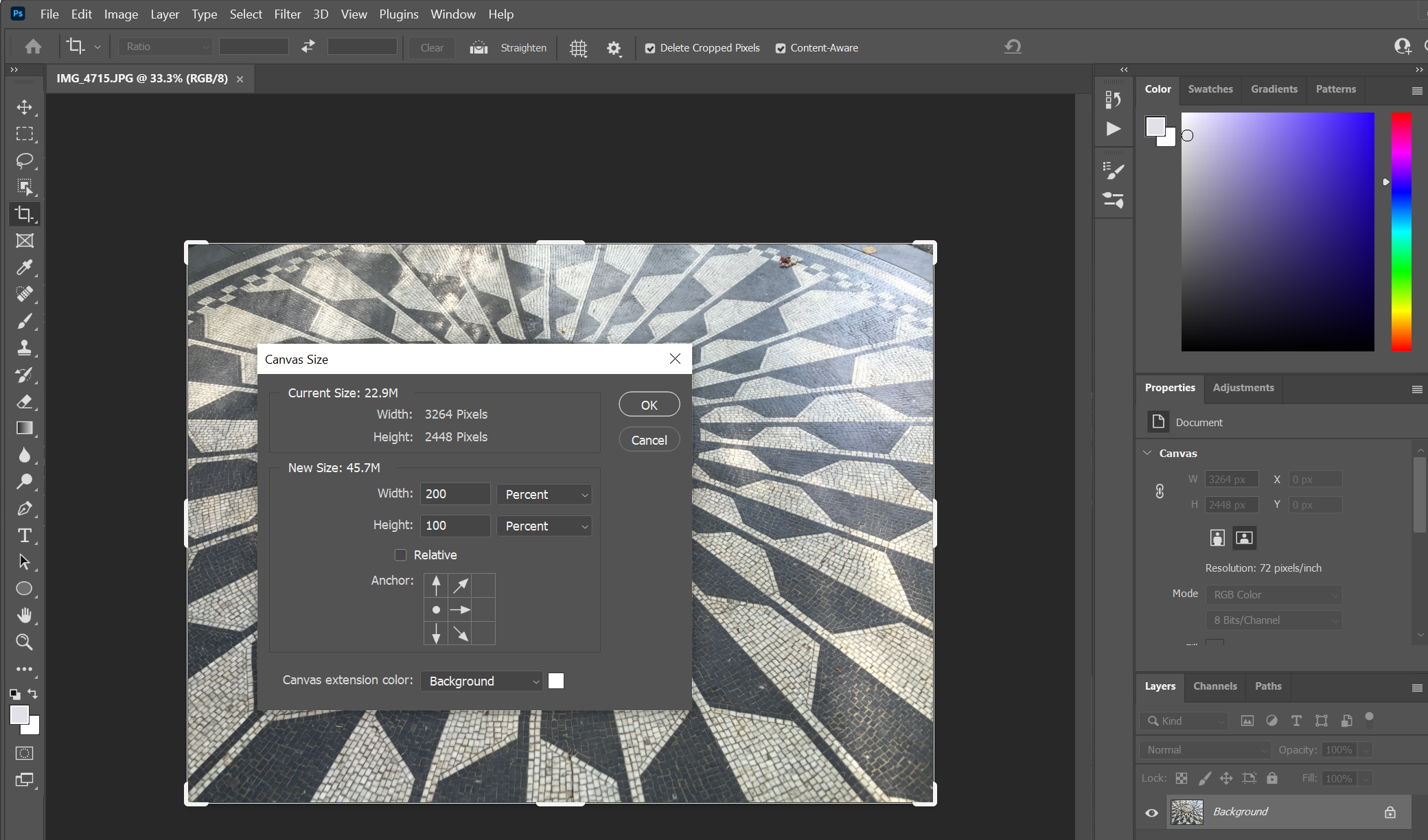 Screenshot of canvas size in Photoshop