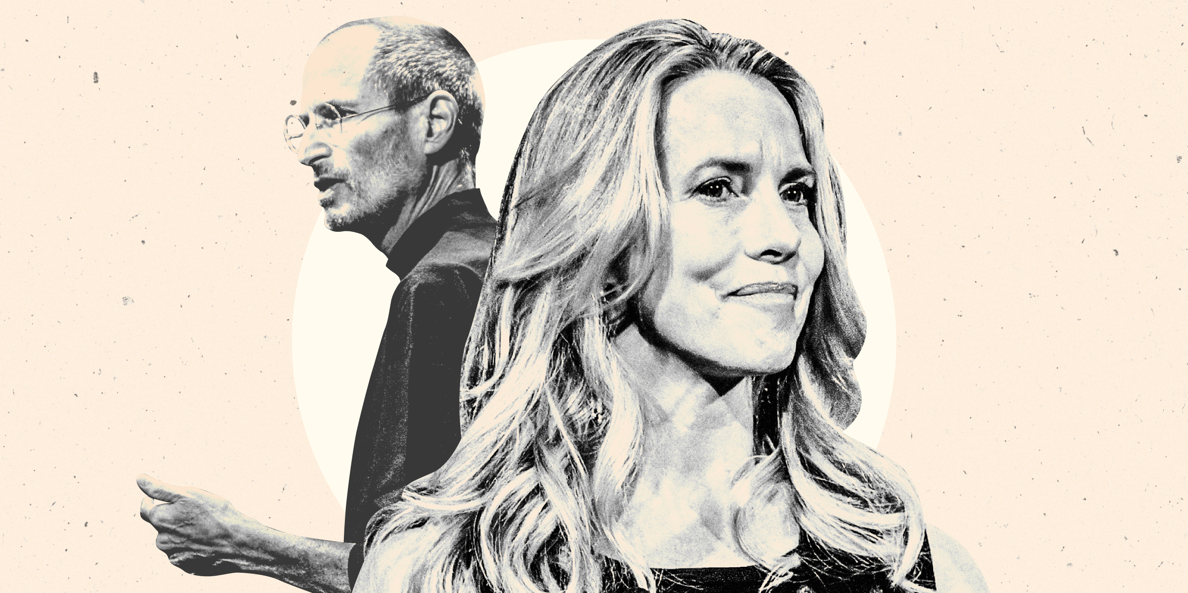 A photo of Laurene Powell Jobs facing the right with a smaller Steve Jobs slightly faded behind her facing the left. Both have a cream colored circle behind them on a light pastel orange background.