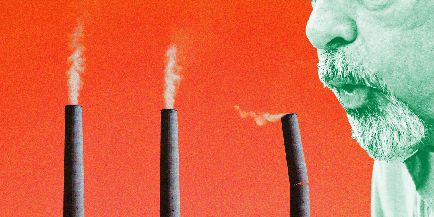 giant green head blowing out smoke stacks against a red sky