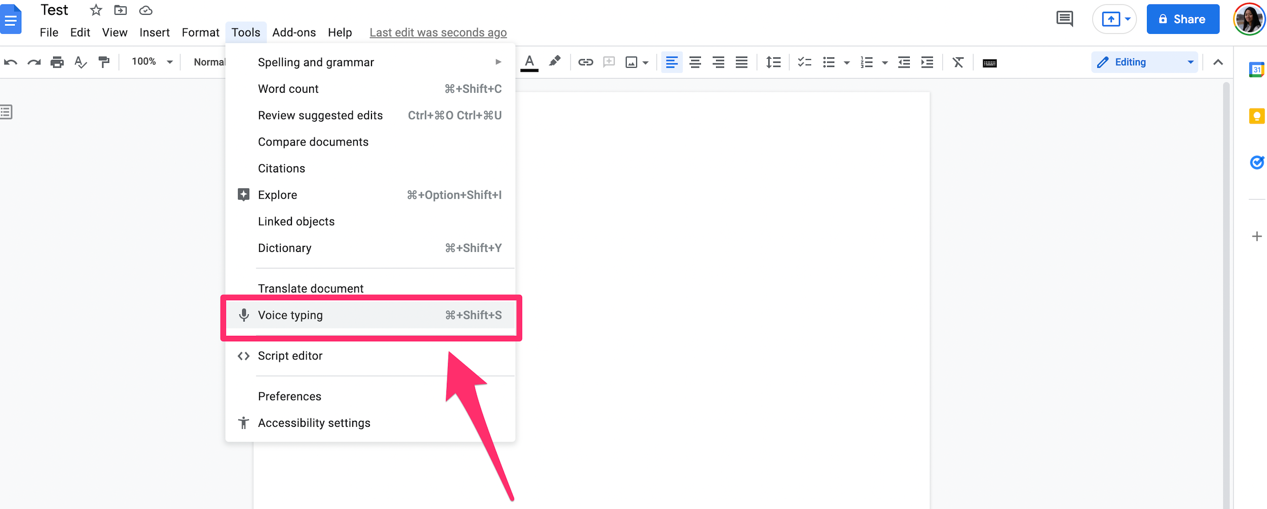 Google Docs screenshot with the voice typing tool highlighted