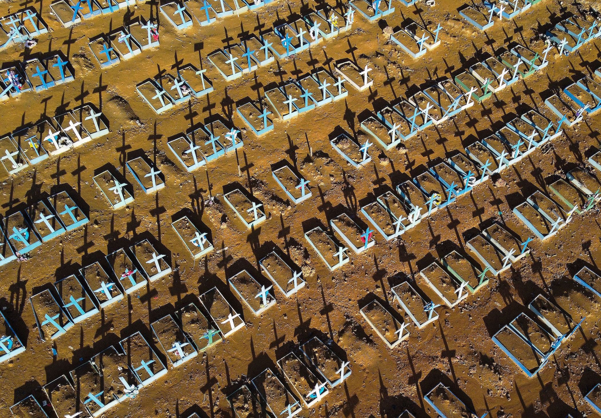 Aerial view of the burial site reserved for victims of the COVID pandemic at the Nossa Senhora Aparecida cemetery in Manaus, in the Amazon forest in Brazil on November 21, 2020.