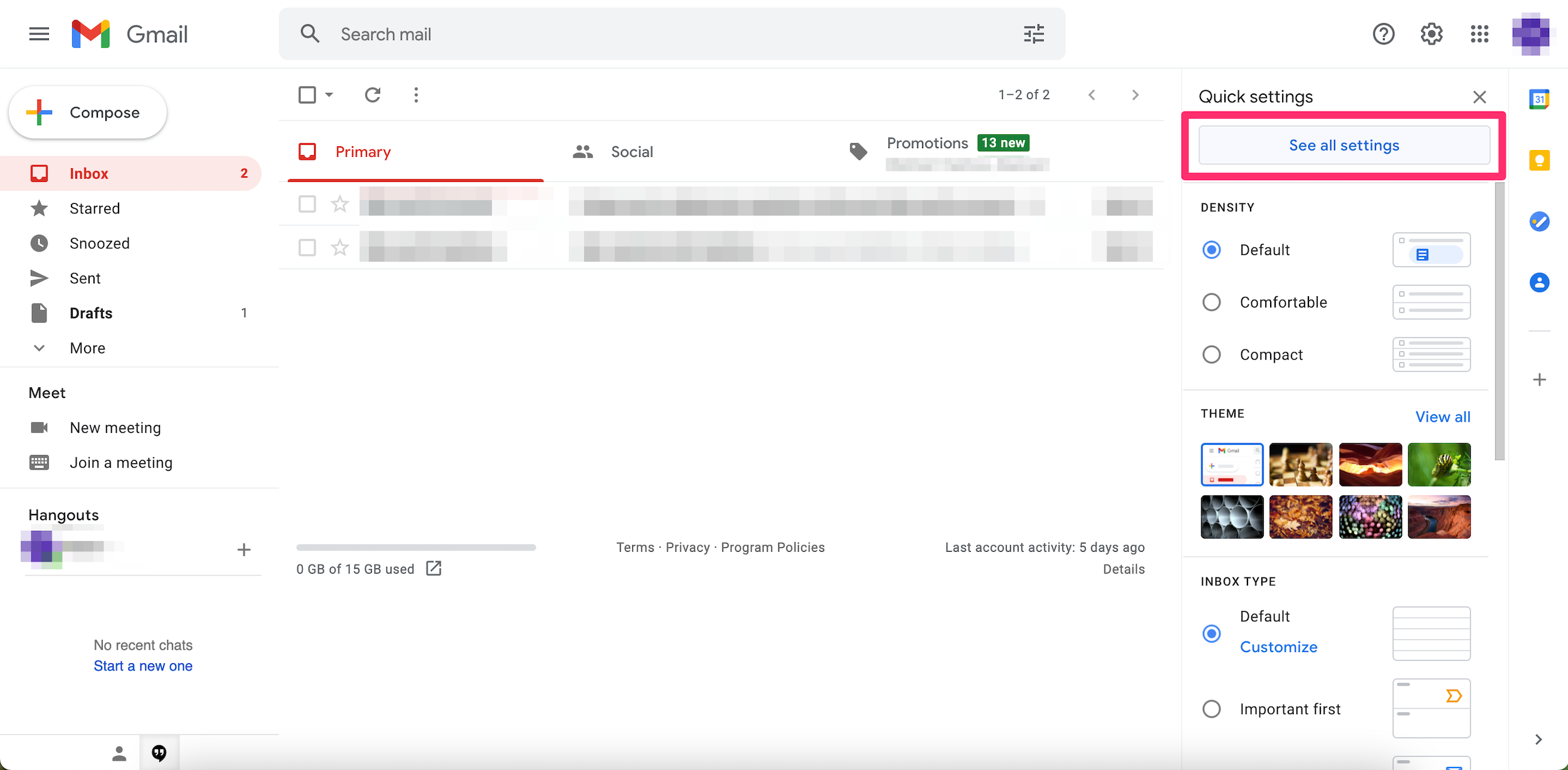 Screenshot of the first Settings menu in Gmail