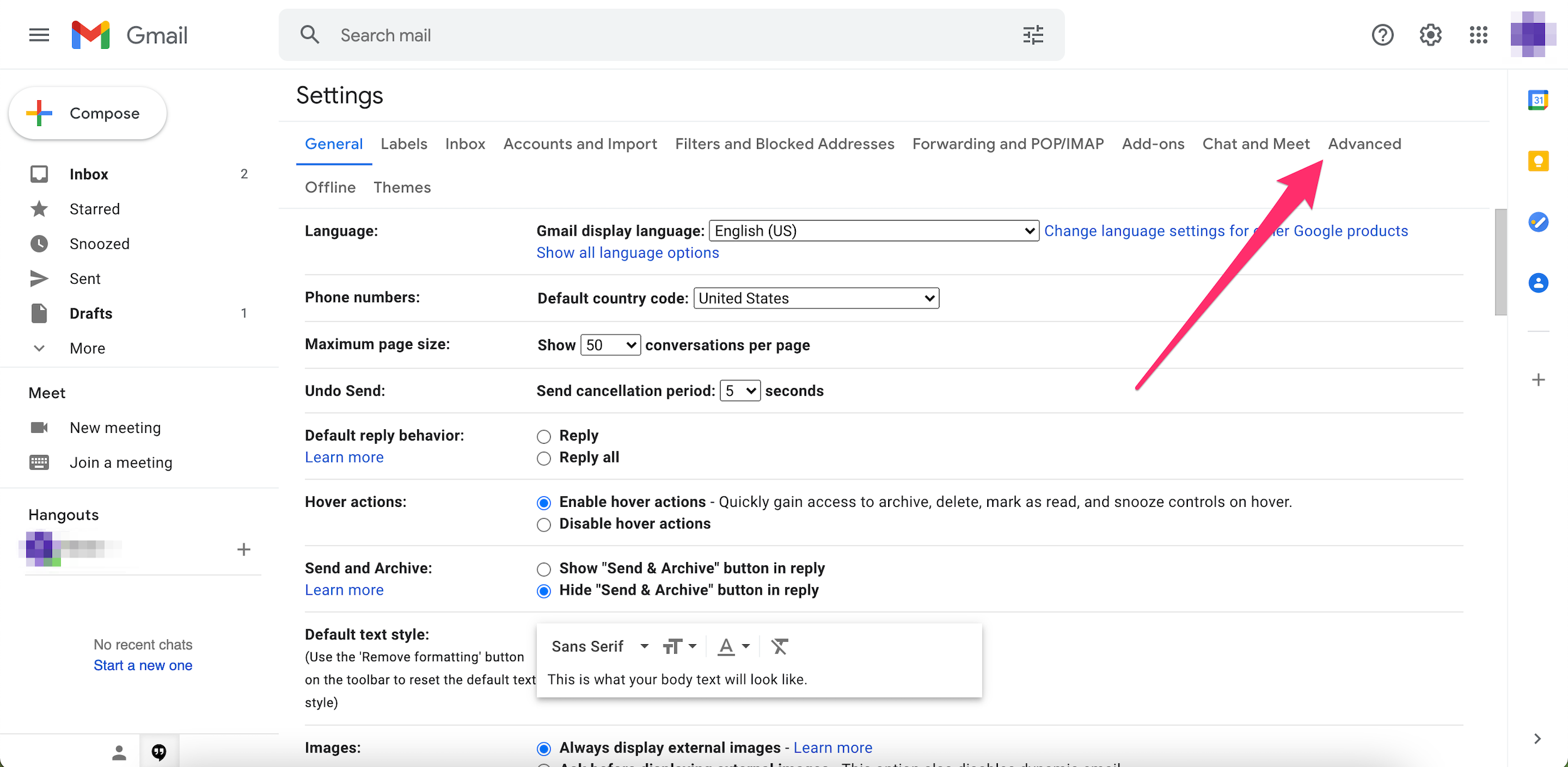 Screenshot of the full Settings menu in Gmail