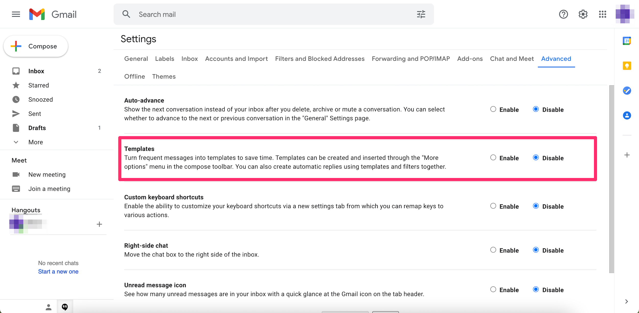 Screenshot of the Advanced tab of the settings menu in Gmail