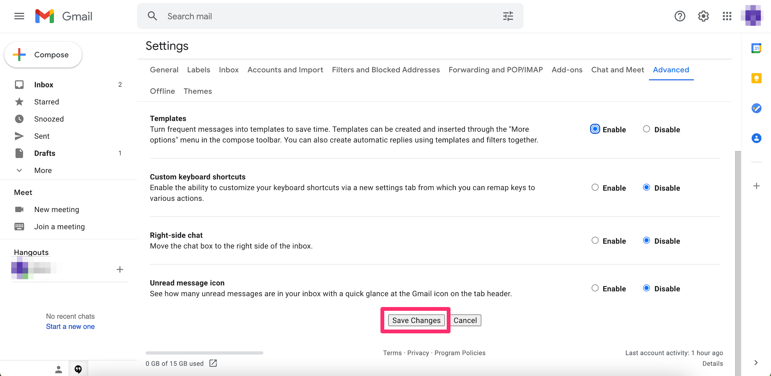 Screenshot of the bottom of the page on the Advanced tab of the settings menu in Gmail