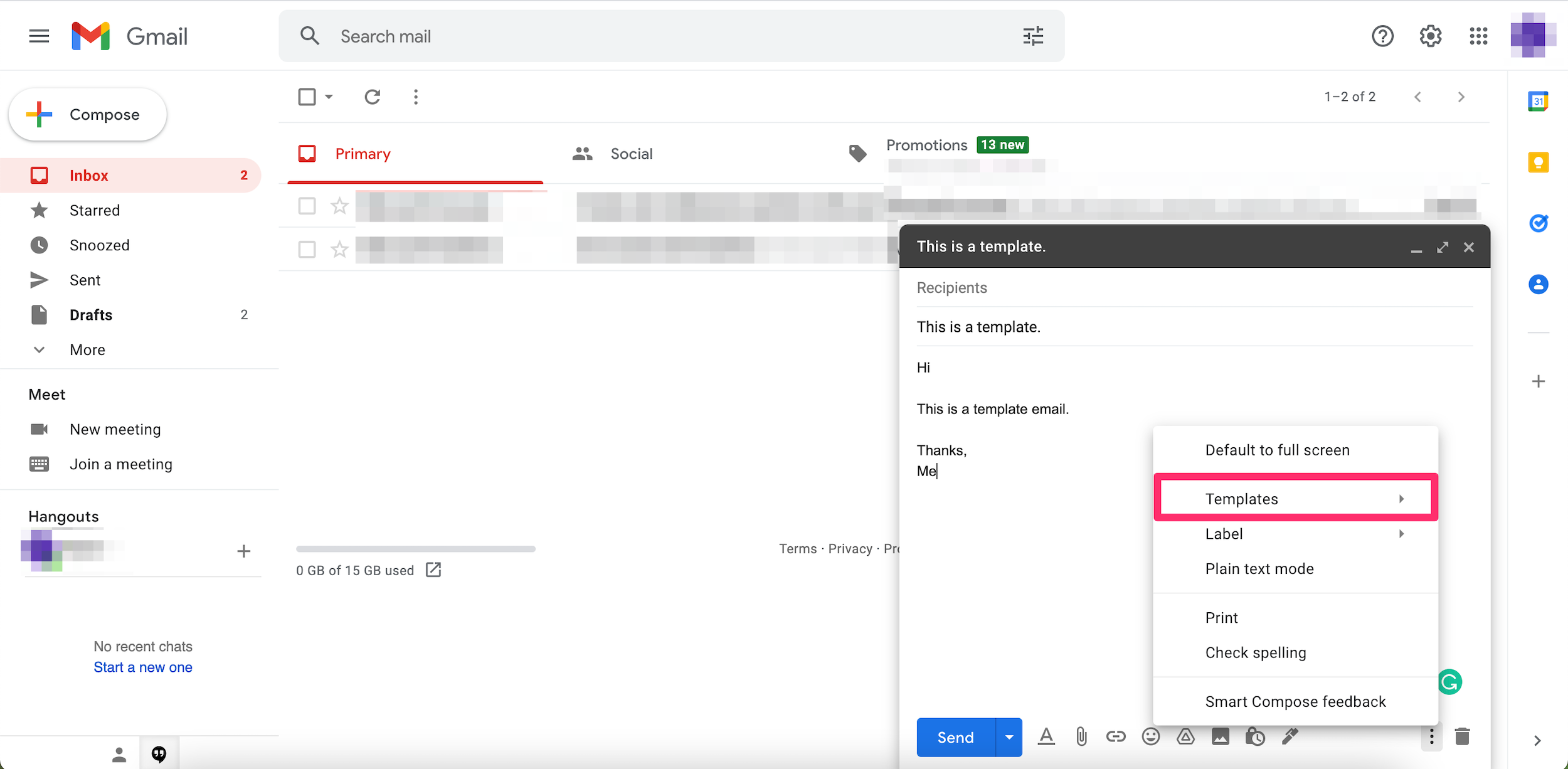 Screenshot of the three-dots menu in a Gmail draft