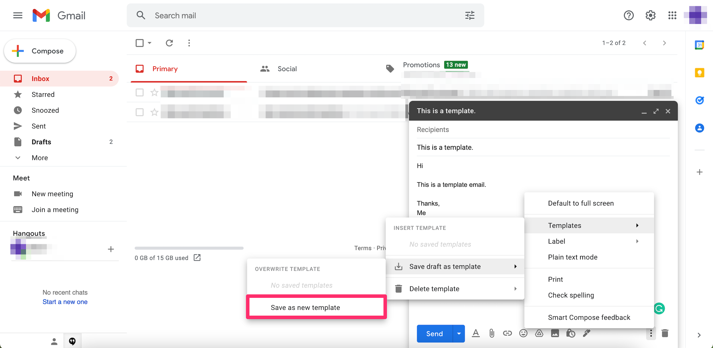 Screenshot of expanded menu in a Gmail draft, showing how to save a draft as a new template