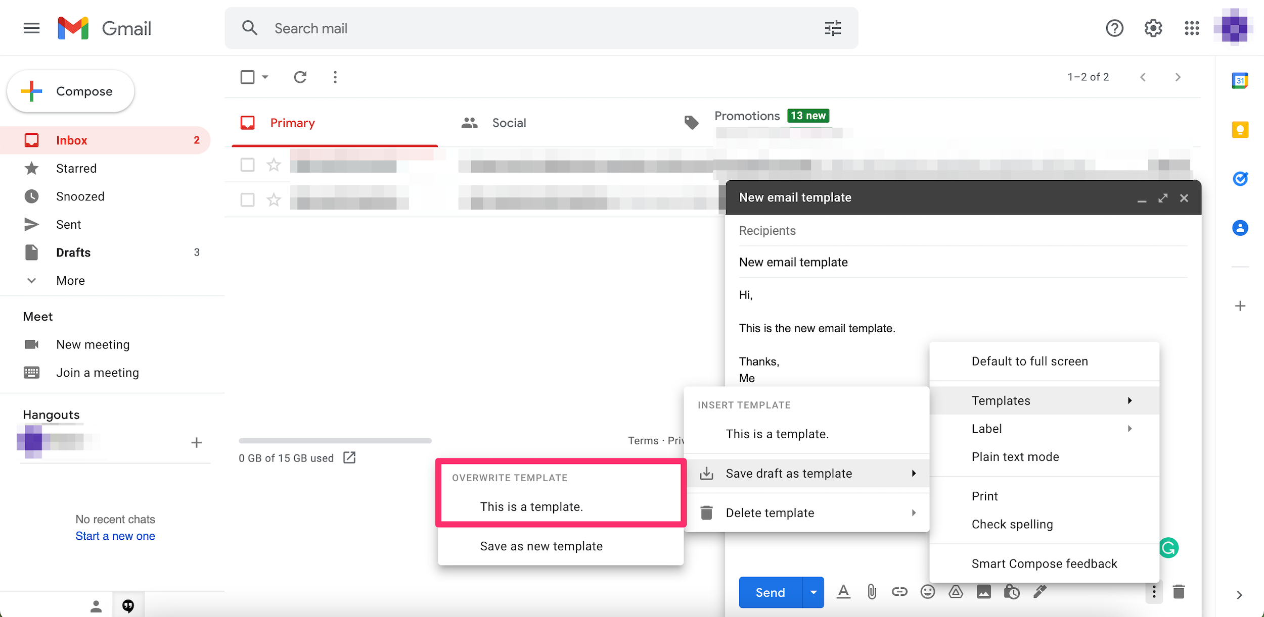 Screenshot of the expanded three-dots menu in a Gmail draft