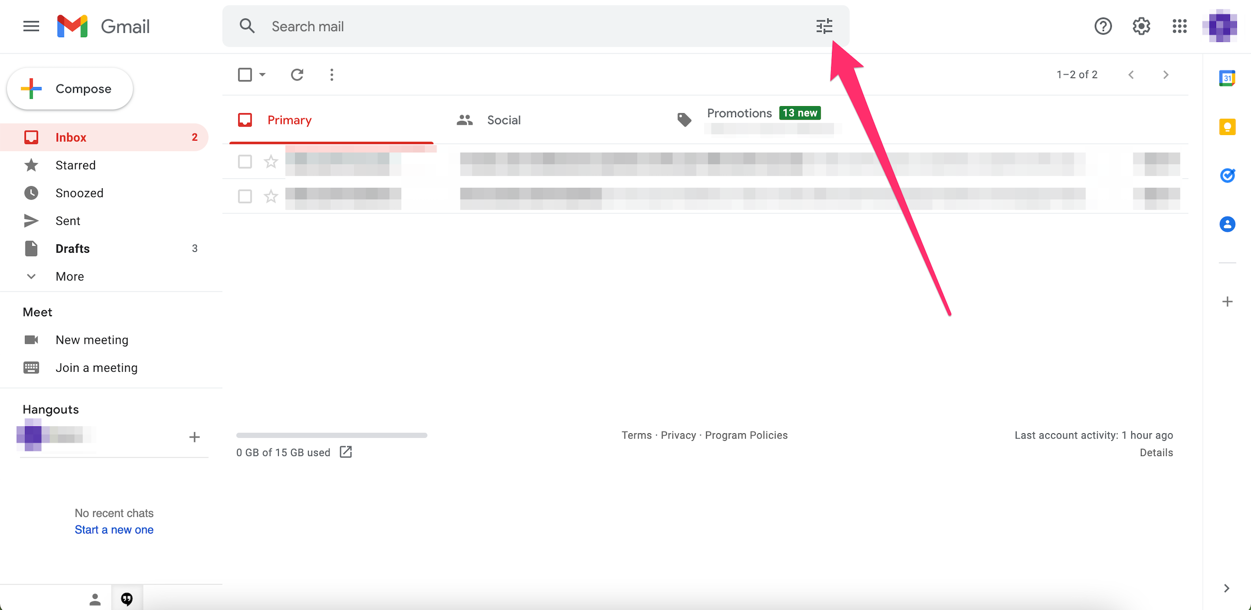 Screenshot of a Gmail inbox with an arrow pointing to the Show search options icon