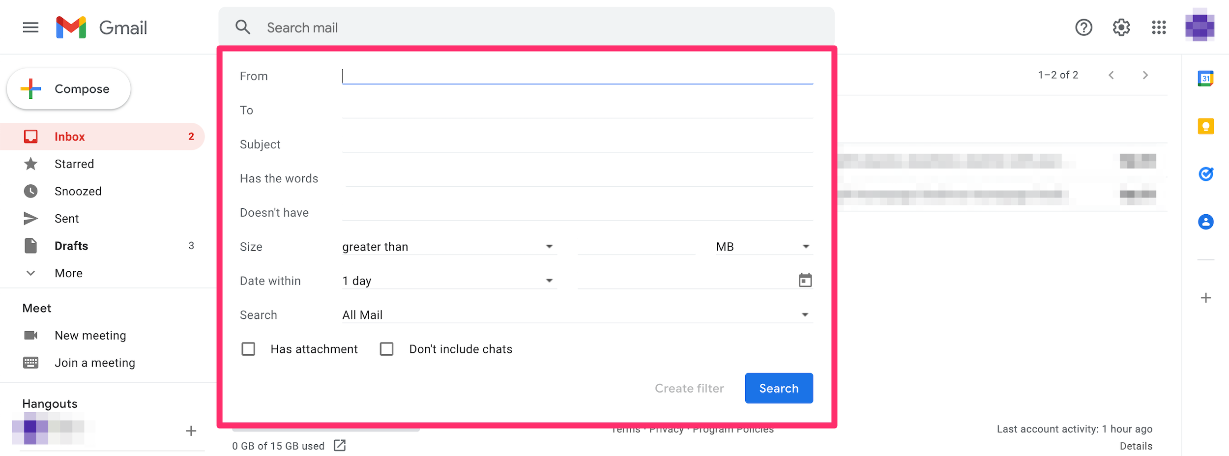Screenshot of the Show search options menu