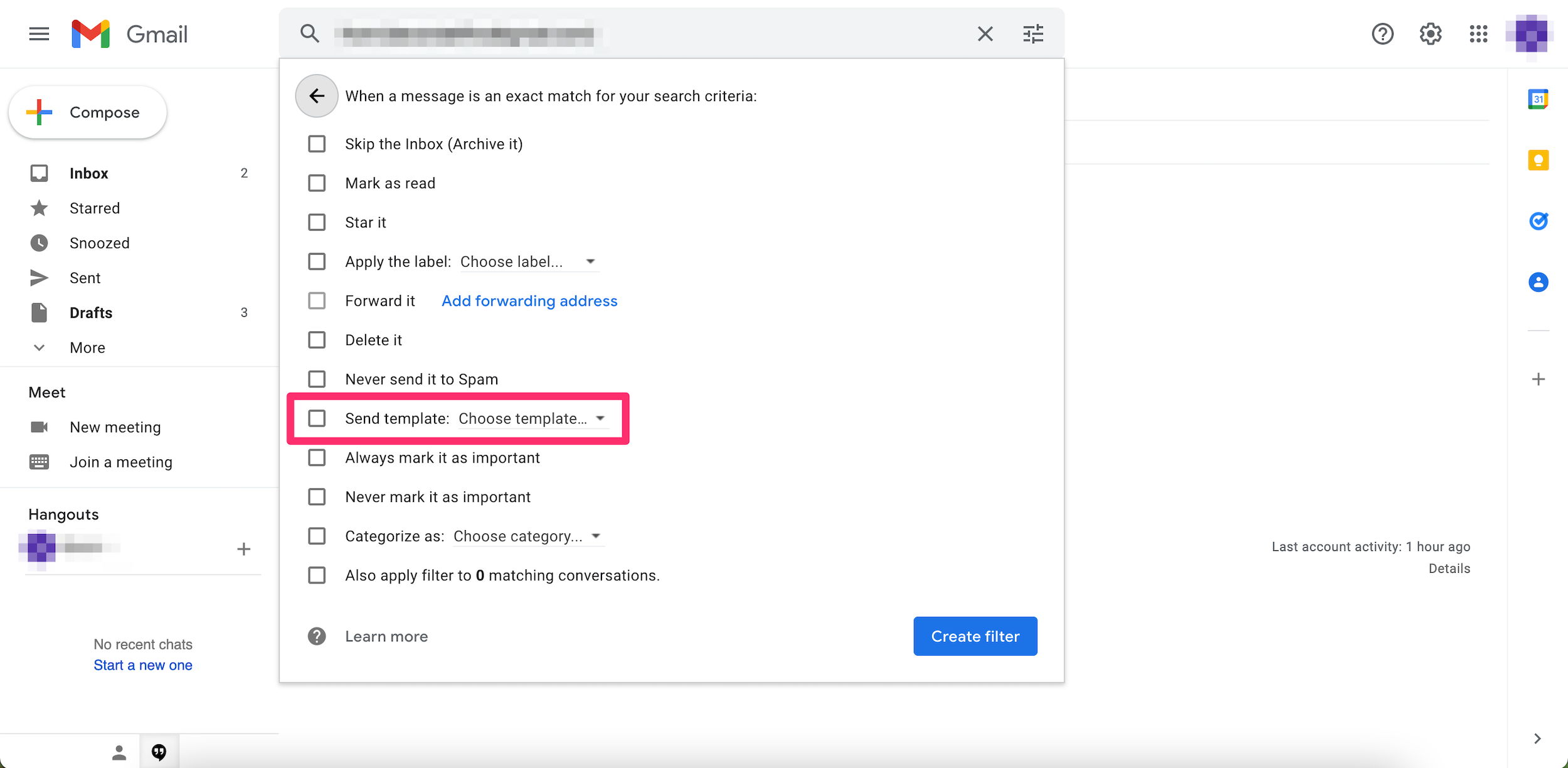 Screenshot of options that appear when setting up filters in Gmail