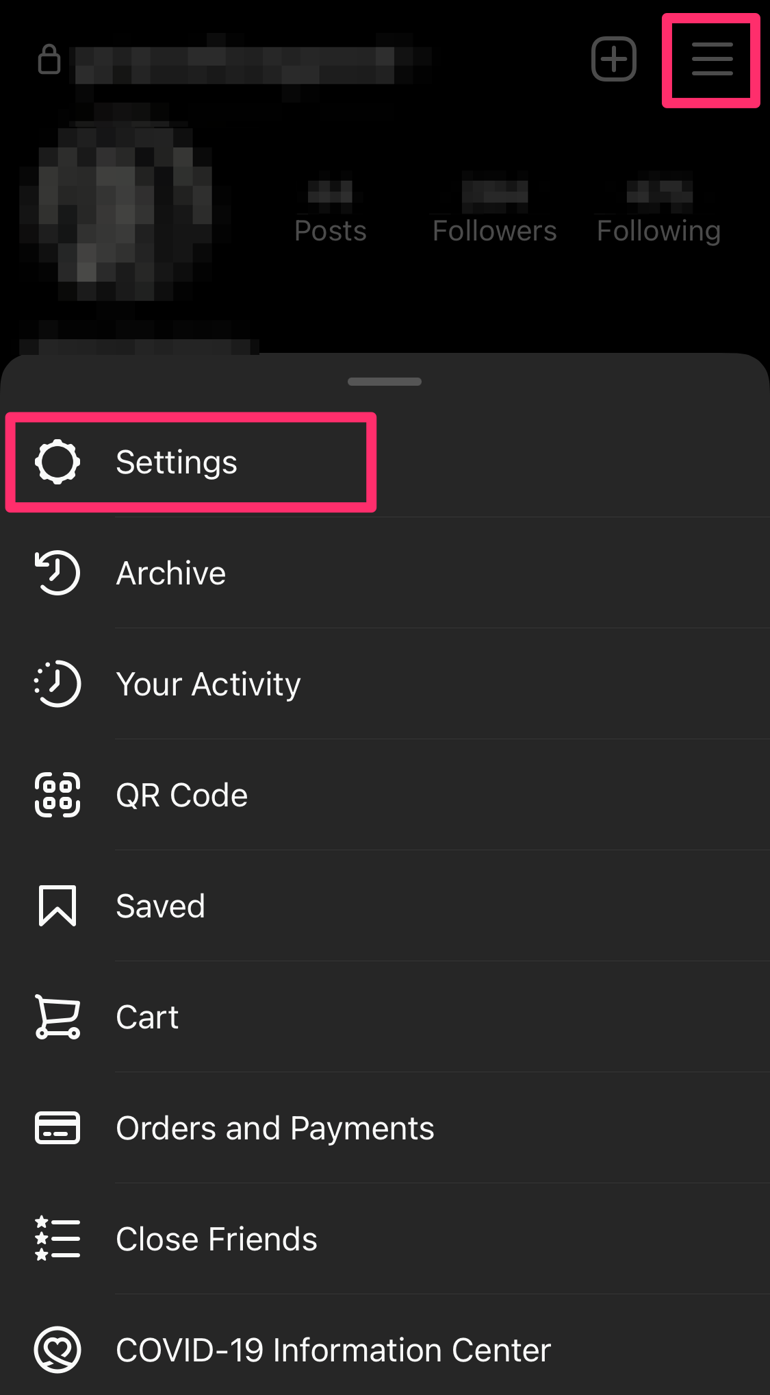Screenshot of Settings option in Instagram app