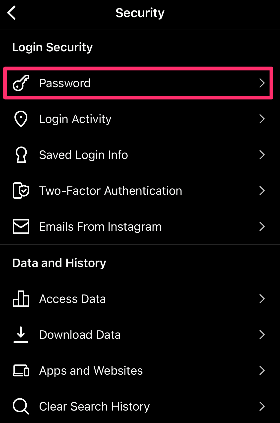 Screenshot of Security page on Instagram app