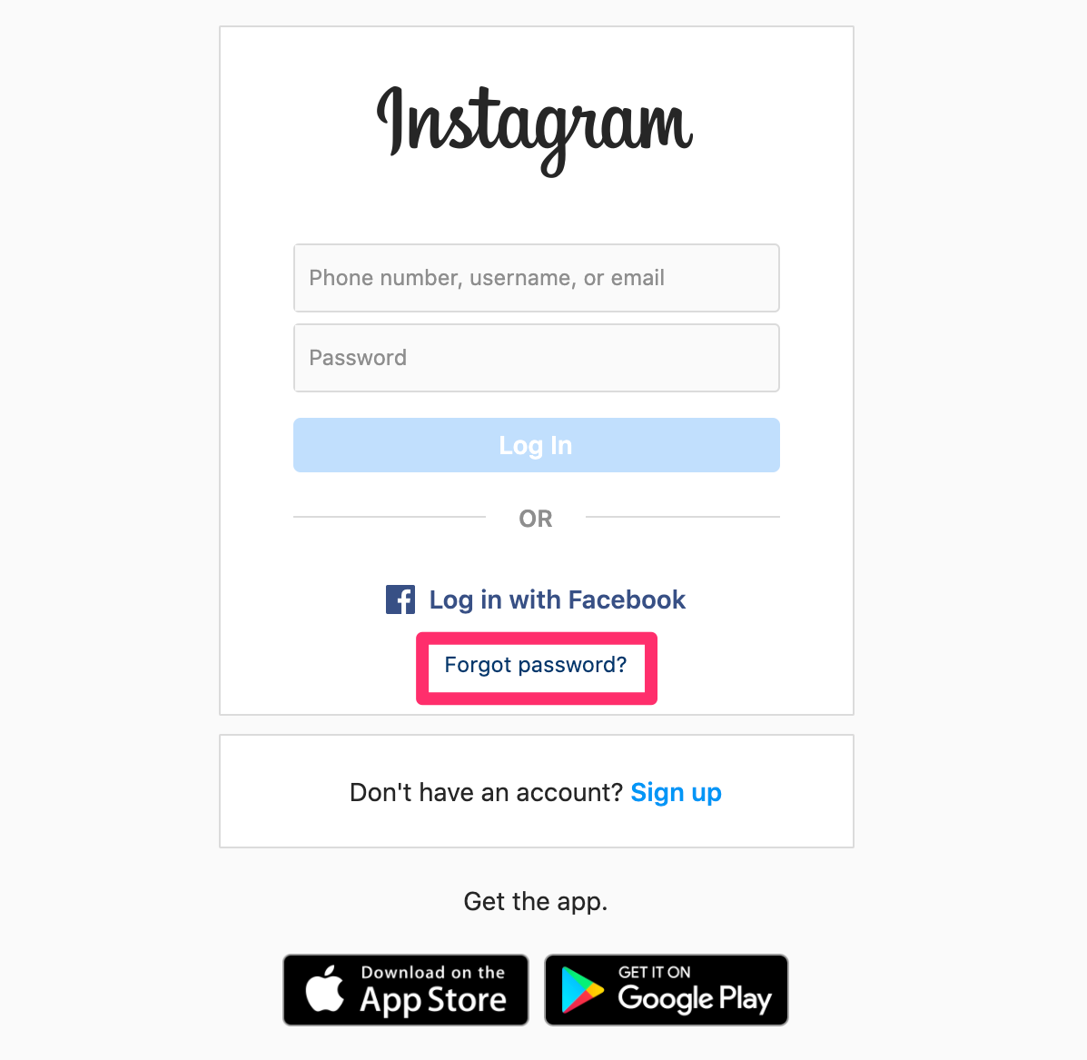 Screenshot of Instagram website login page