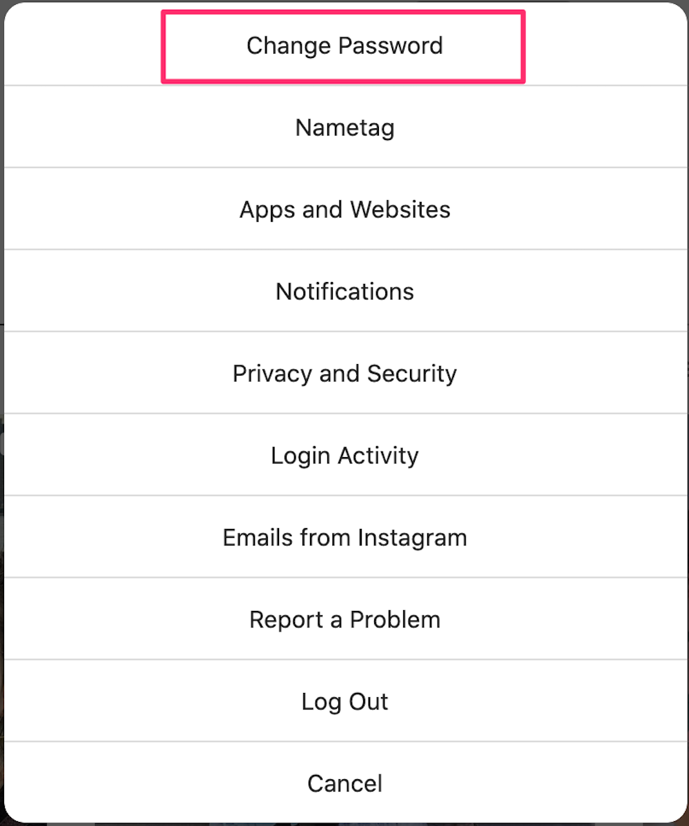 Instagram website pop-up showing the options menu