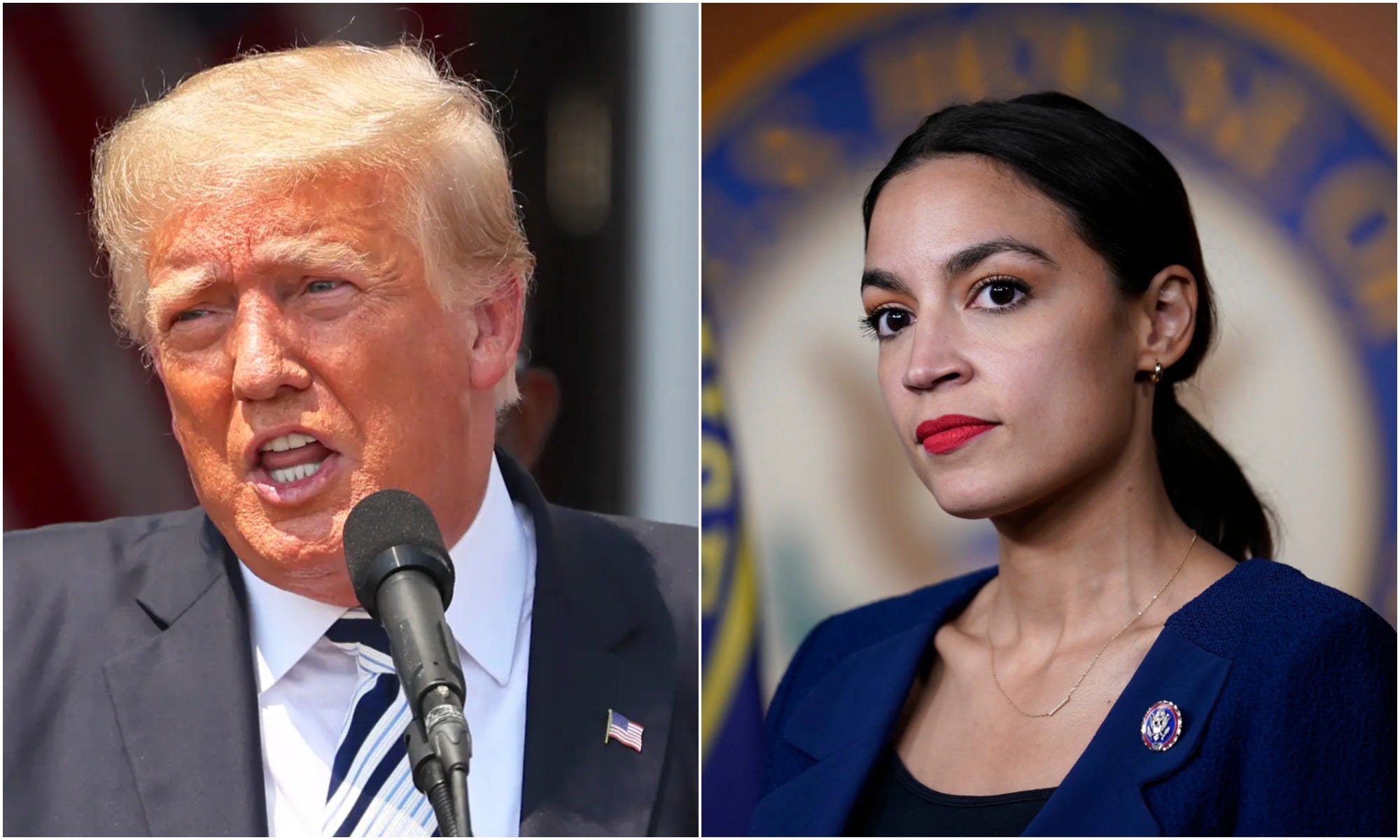 Former President Donald Trump (L), Rep. Alexandria Ocasio-Cortez (R)