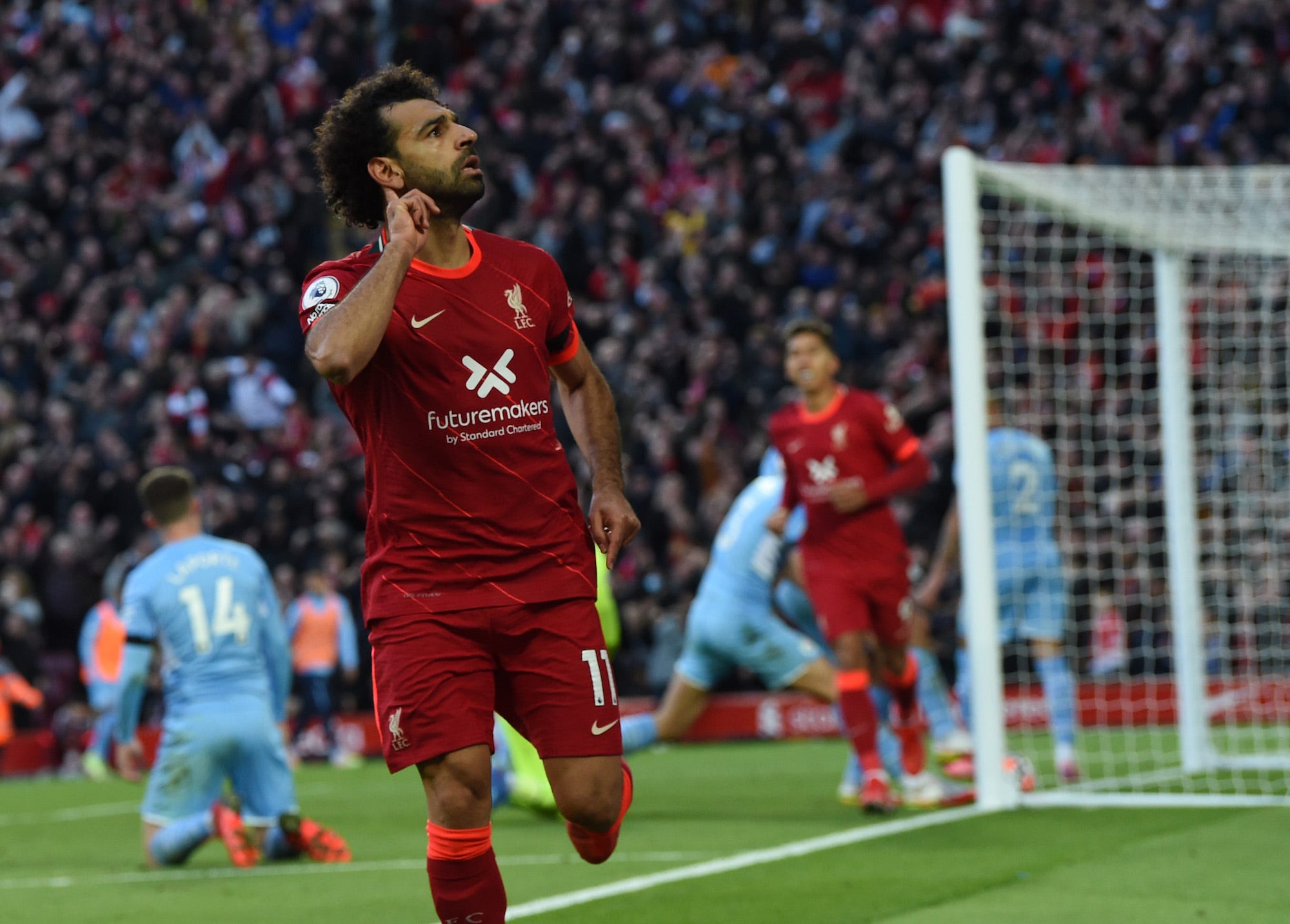 Mohamed Salah of Liverpoolcelebrates after scoring the second goal during the Premier League match between Liverpool and Manchester City at Anfield