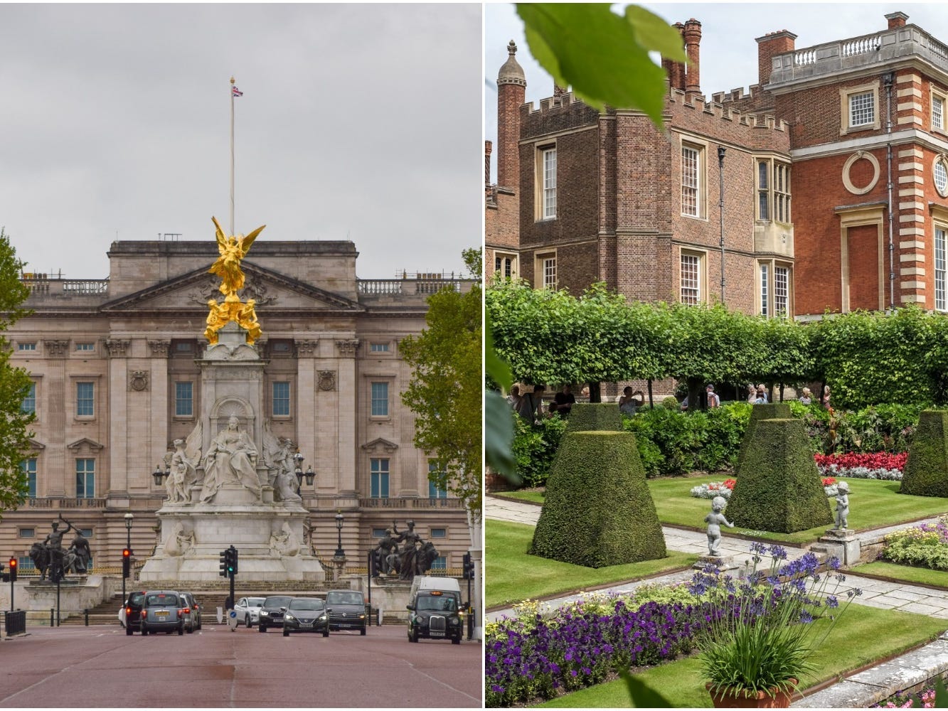 Buckingham Palace pictured from the exterior (left) and an outside view of Hampton Court Palace being toured by visitors (right).