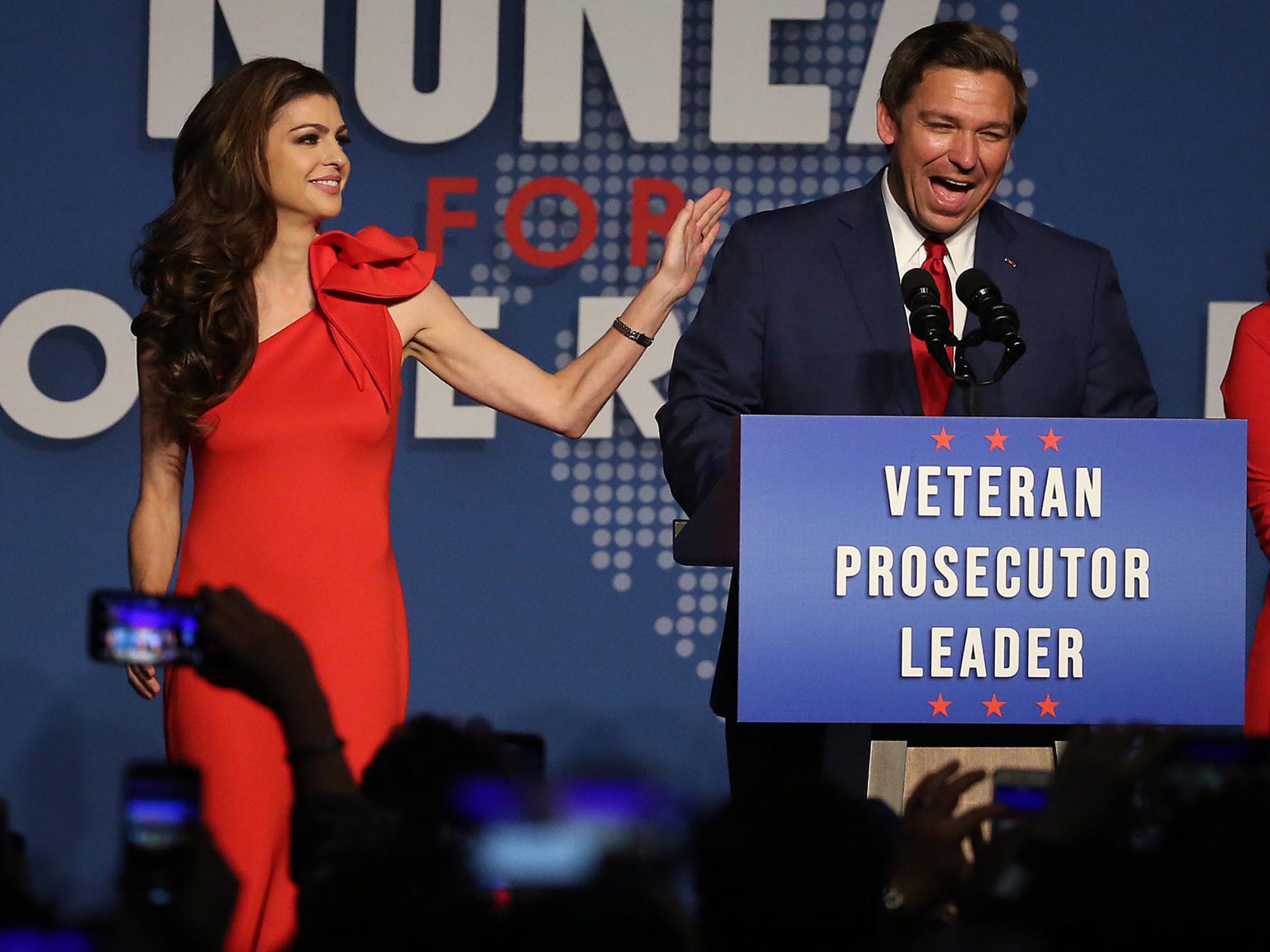 Florida Gov. Ron DeSantis and his wife Casey celebrate after winning the Florida governor's race in Orlando, Florida on Nov. 6, 2018.