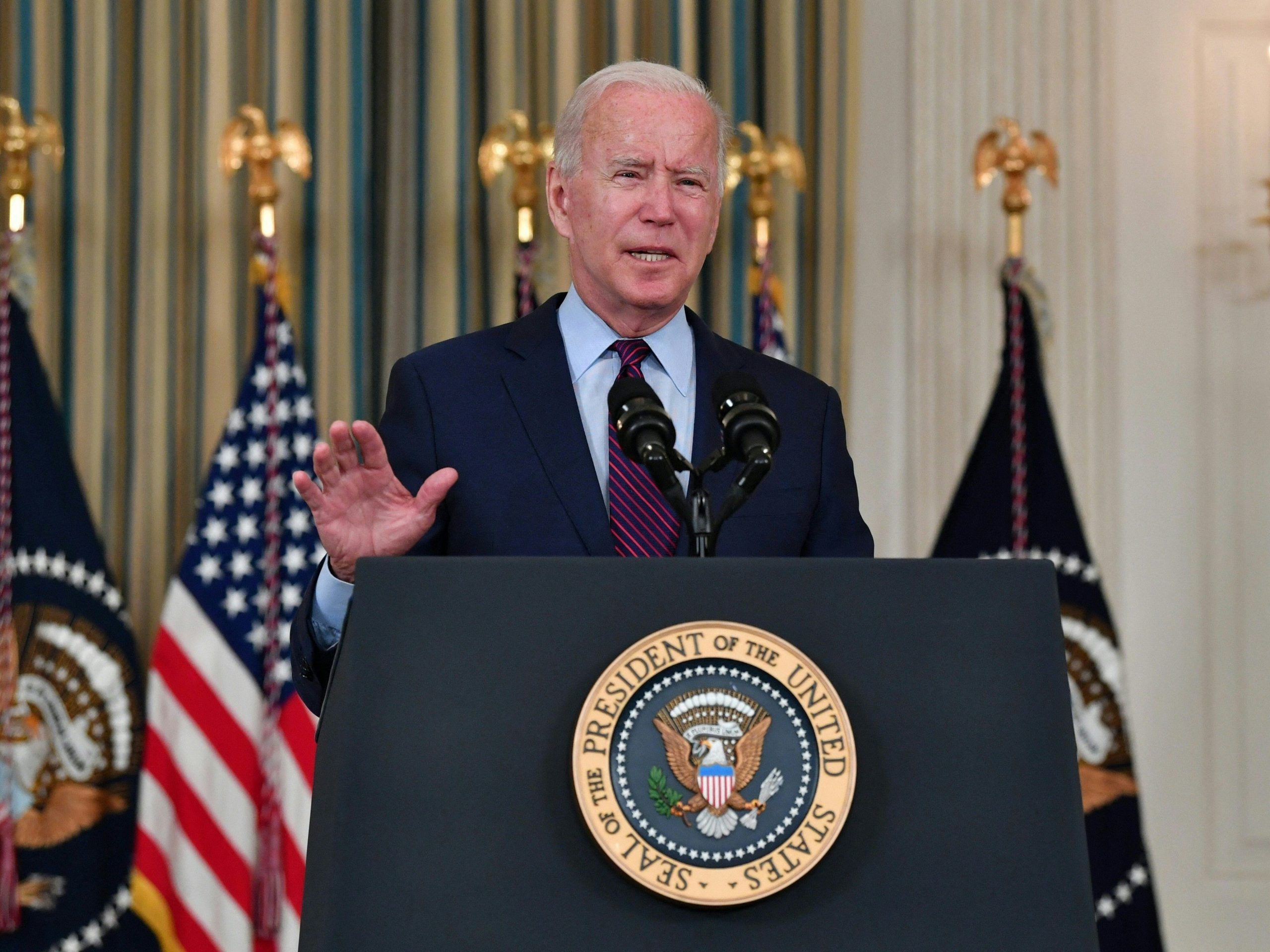 President Joe Biden delivers remarks on the debt ceiling from the State Dining Room of the White House on October 4, 2021.