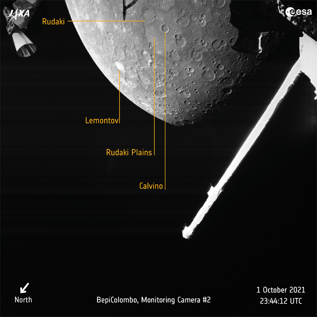 mercury grey cratered surface past spacecraft annotated with crater names