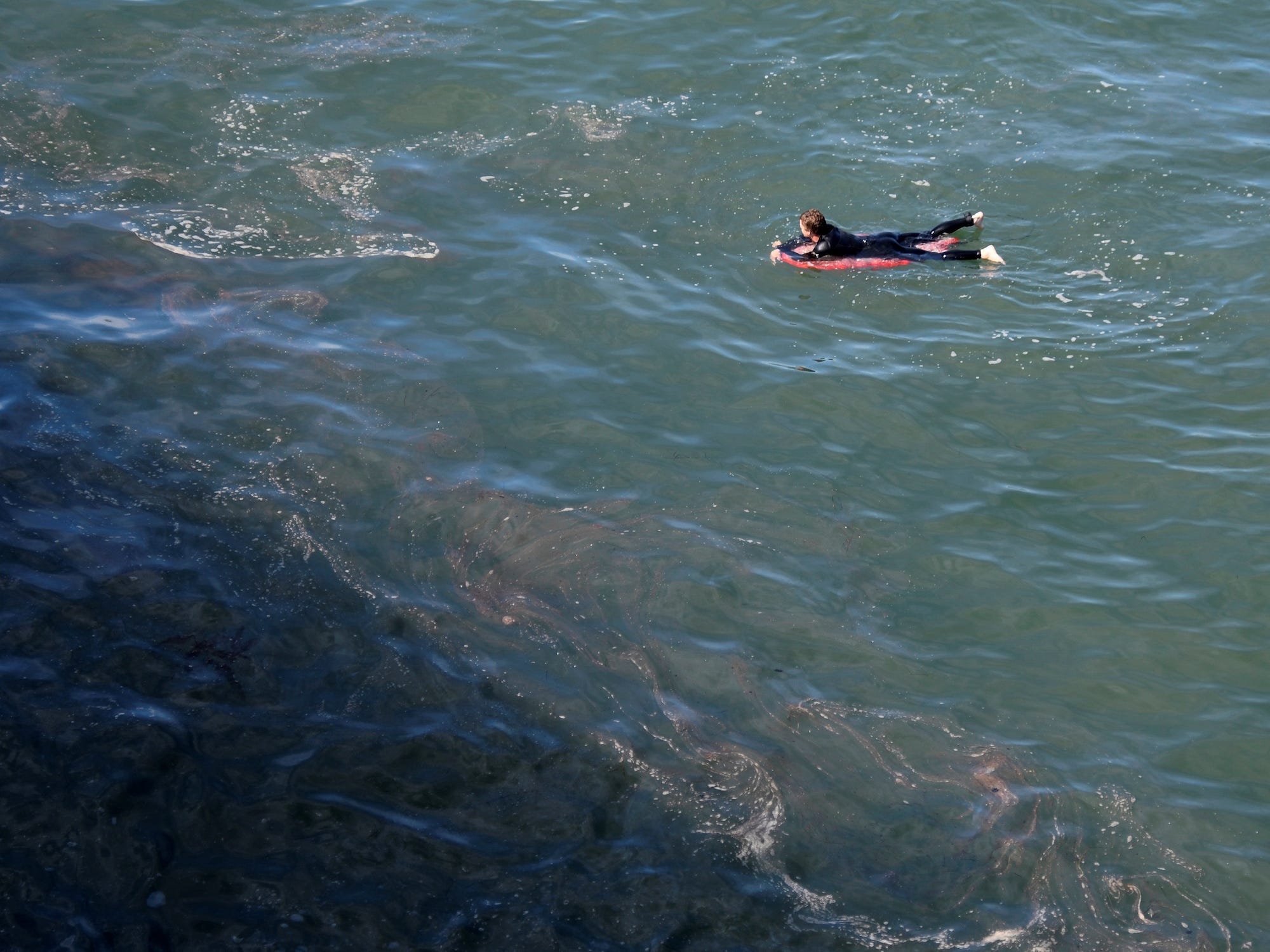 surfer in wetsuit floats on surfboard next to large oil slick