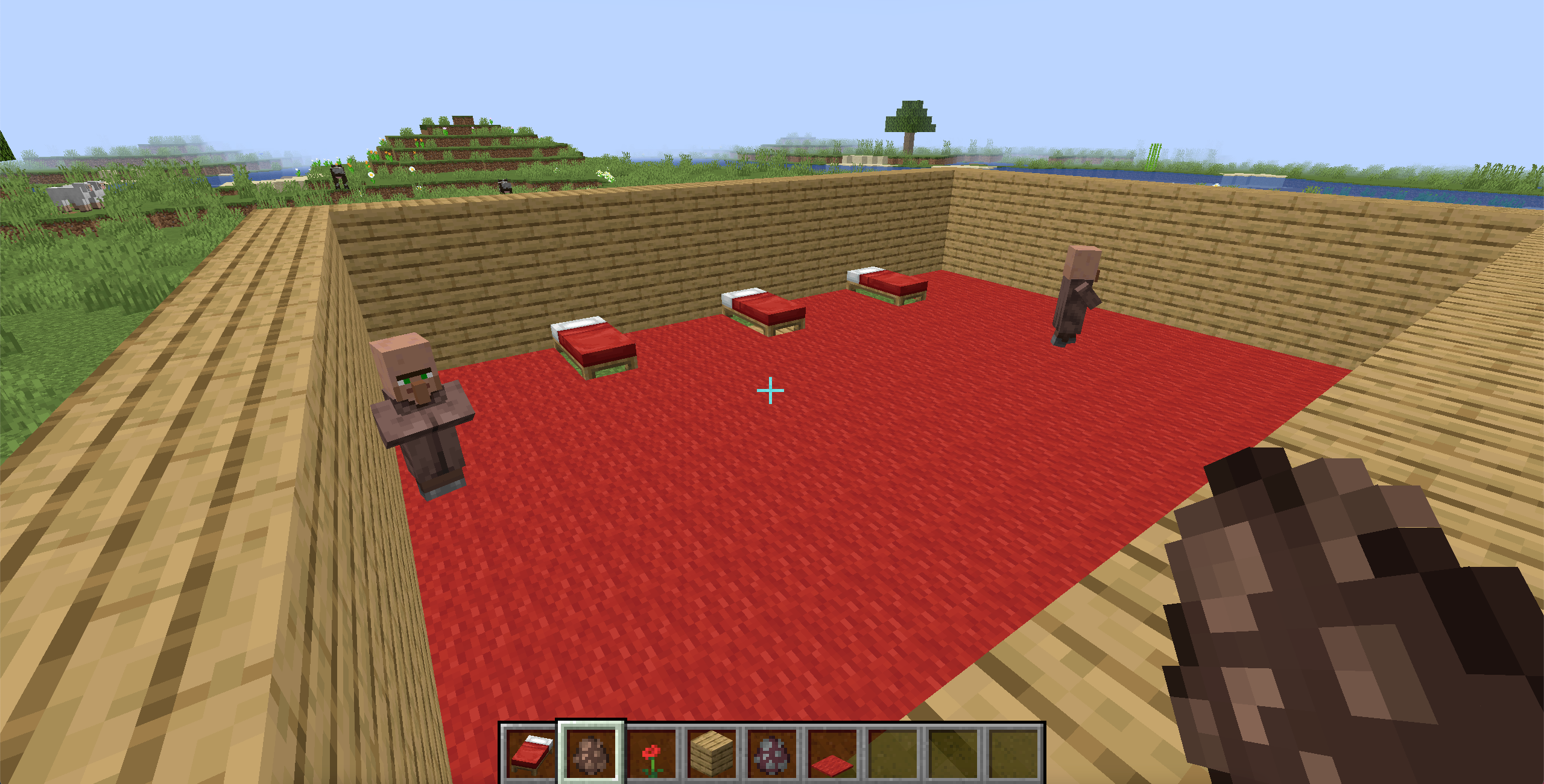 A Minecraft screenshot, with two villagers inside of a wooden pen with three beds.