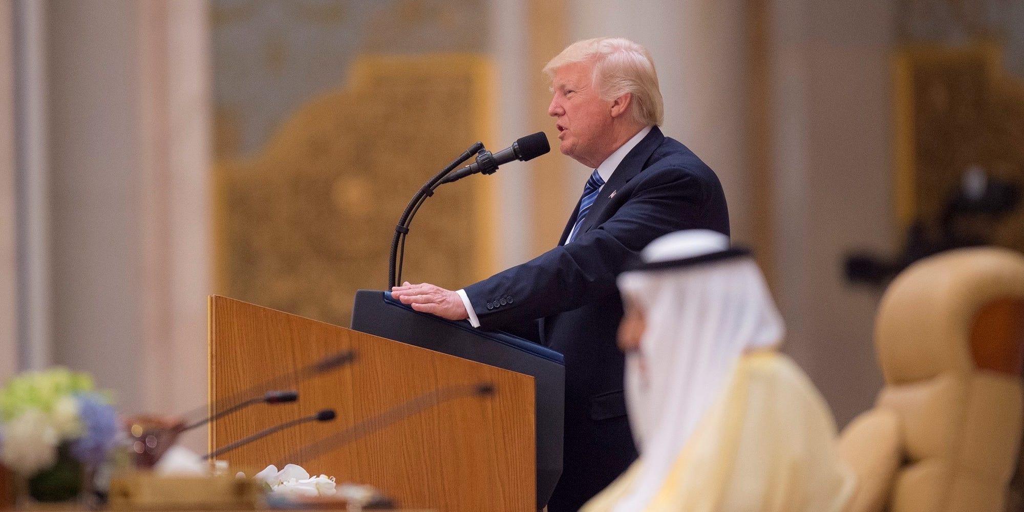 Donald Trump delivering a speech in Riyadh.