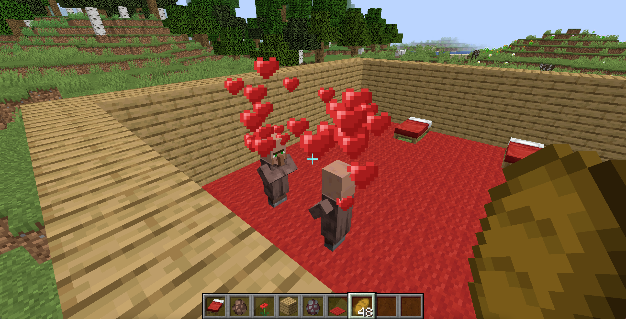 Two Minecraft villagers with hearts above their head.