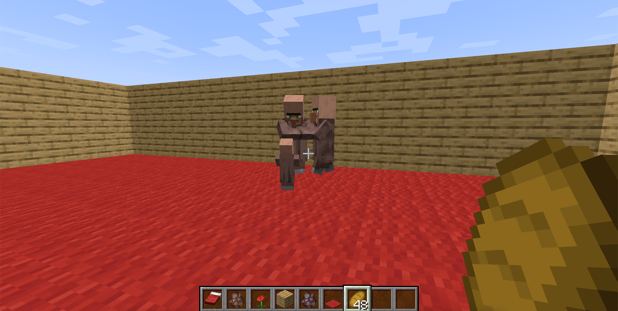 A baby villager in Minecraft, looking up at two adult villagers.