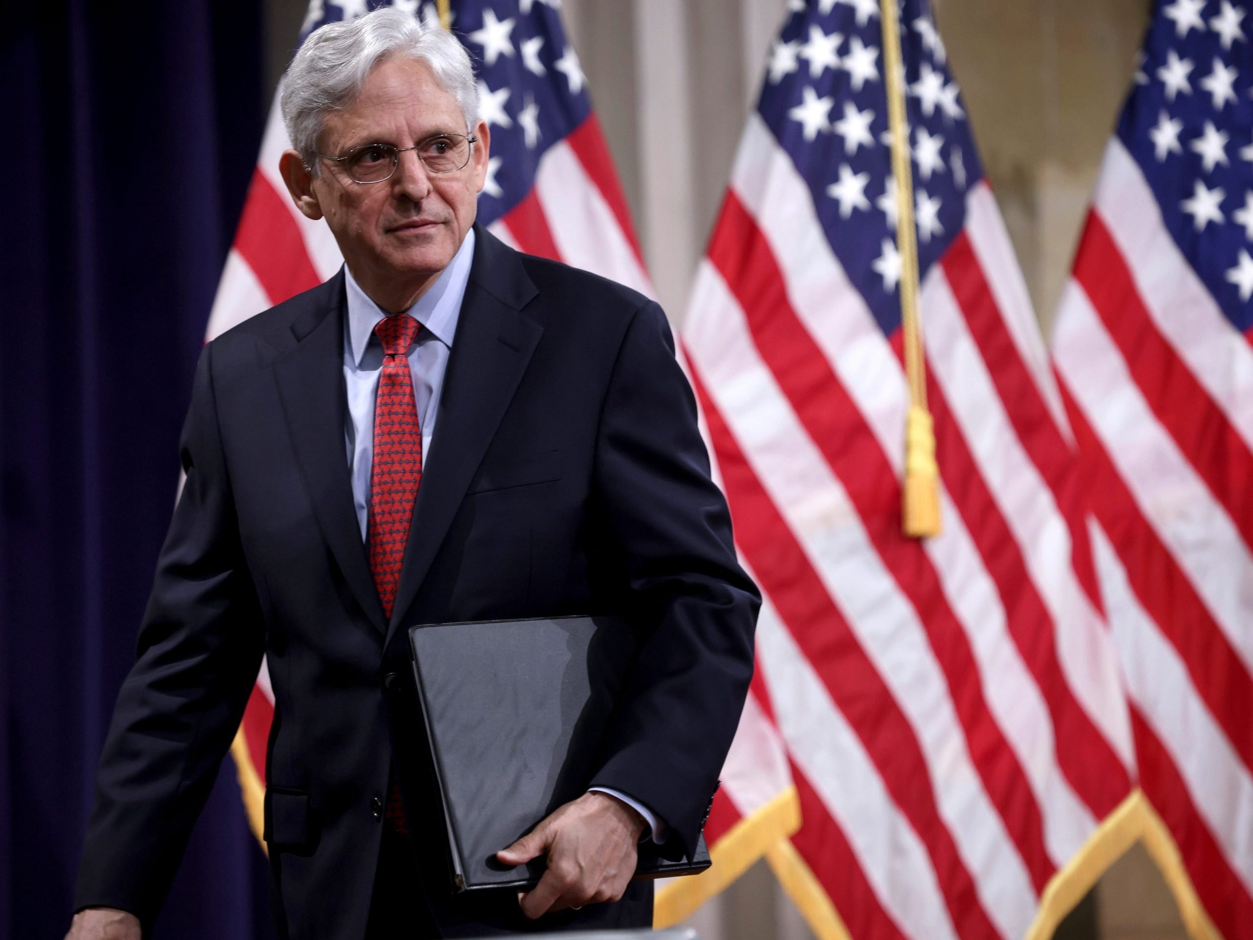 Attorney General Merrick Garland departs after speaking at the Justice Department in Washington, on Tuesday, June 15, 2021.