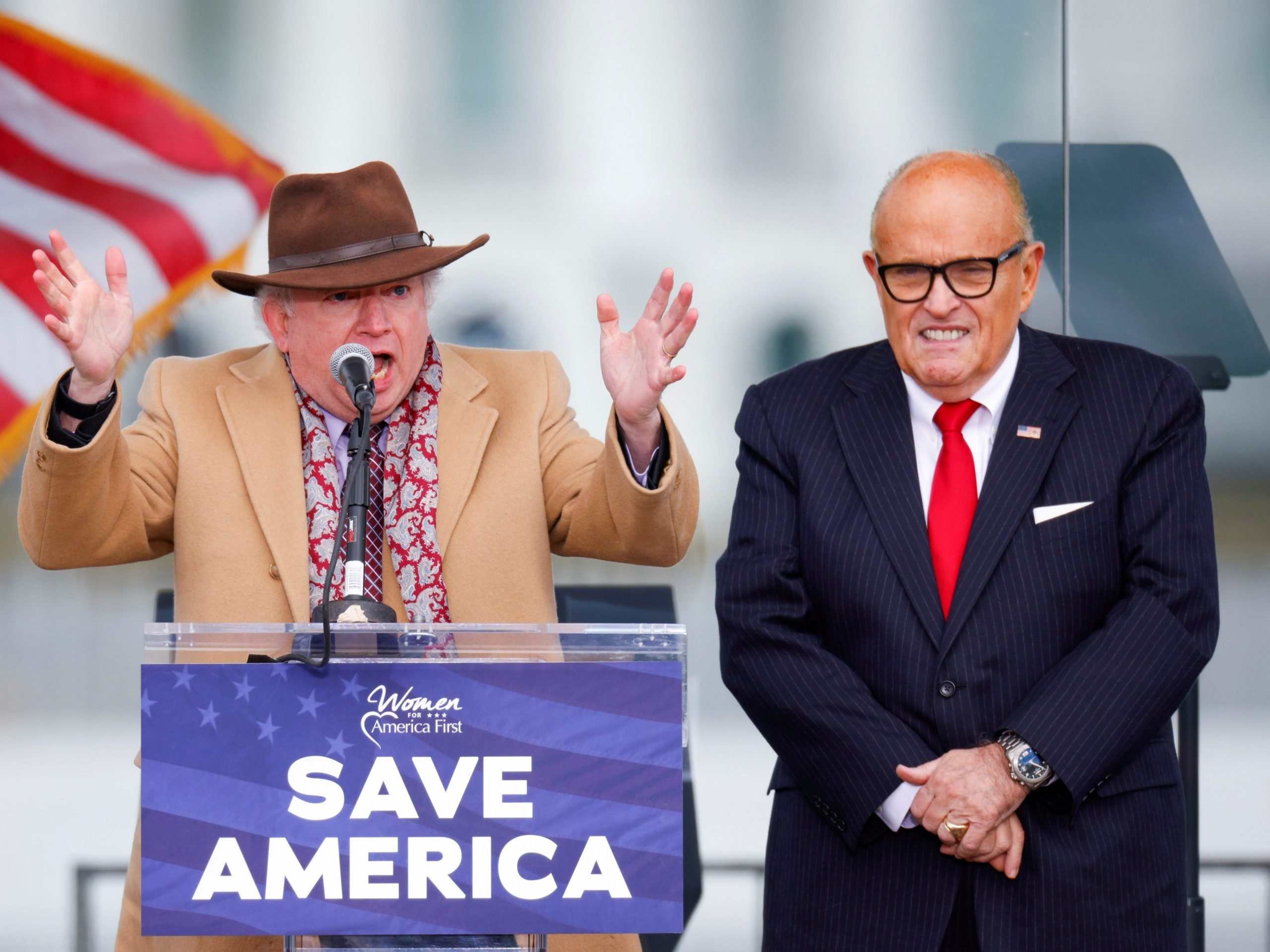 John Eastman speaking at the January 6 rally next to Rudy Giuliani.