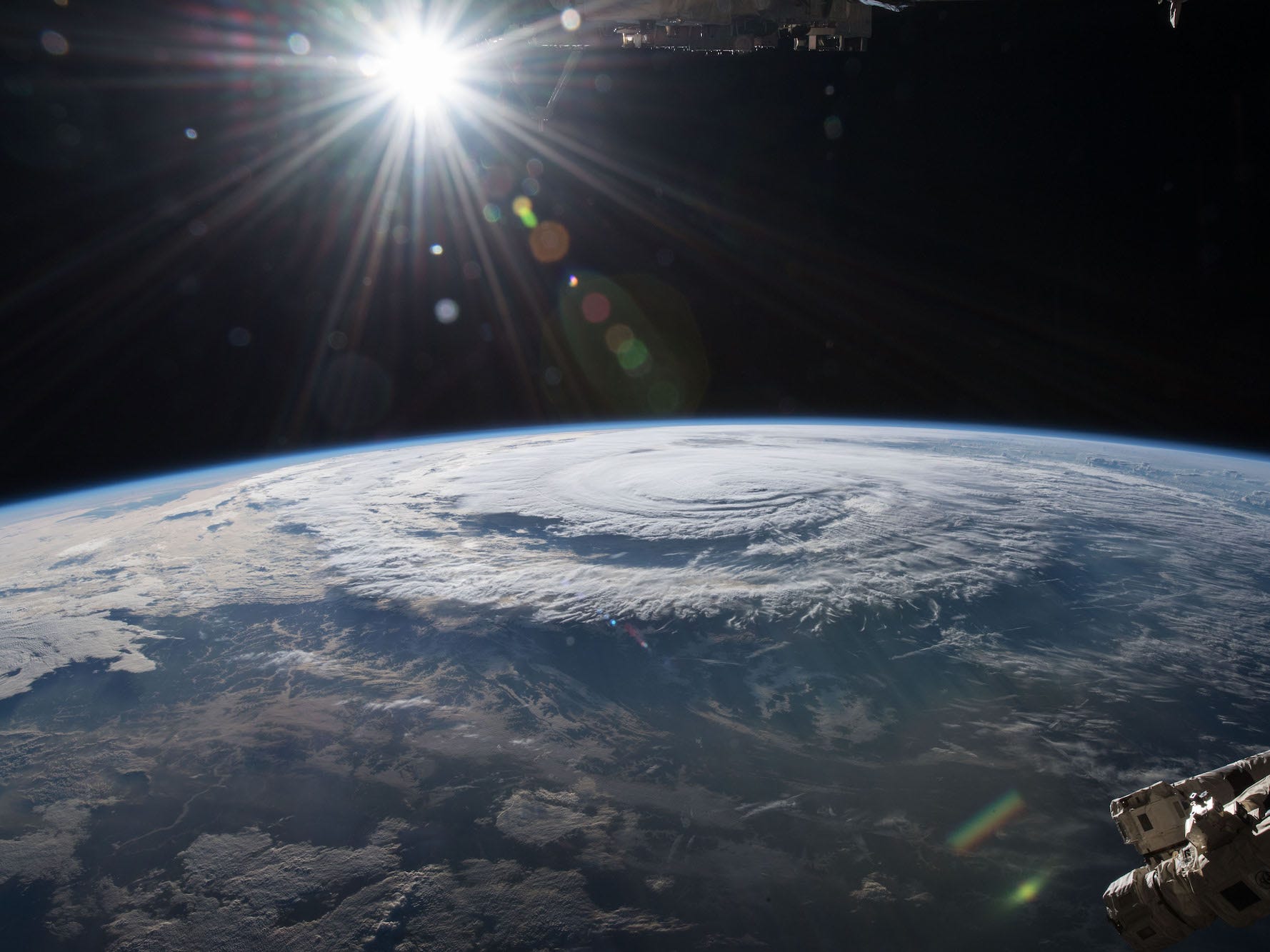 A view of the earth and the sun from the International space station. The picture shows hurricane Florence.