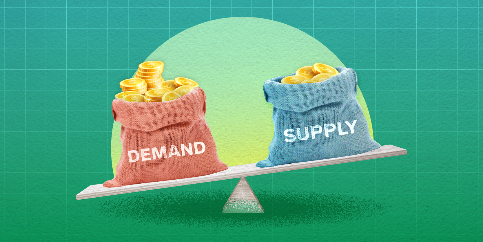 Demand and supply money bags with coins on a scale 2x1