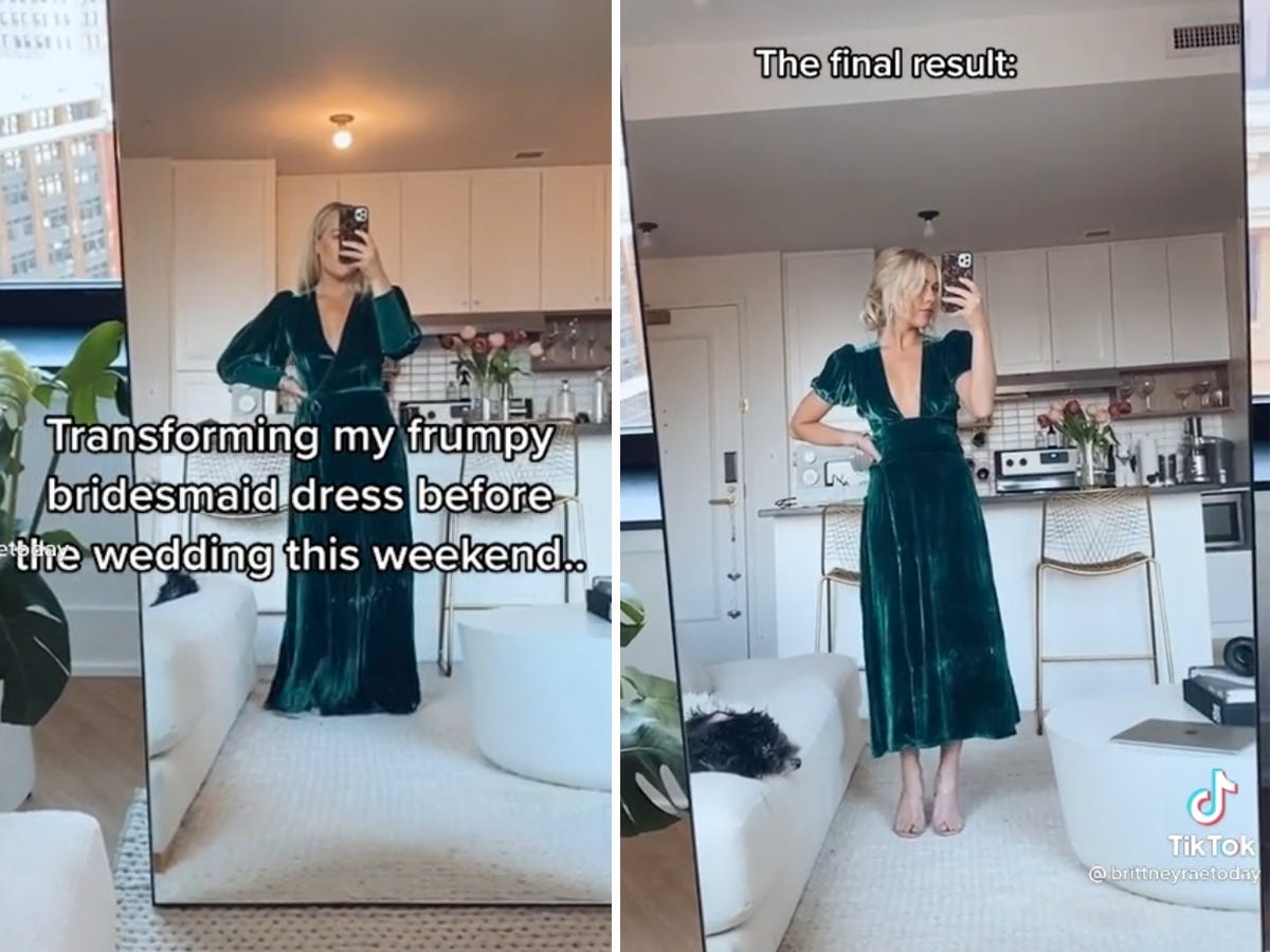 A side-by-side of two screenshots of a TikTok that show the before-and-after of a dress alteration.