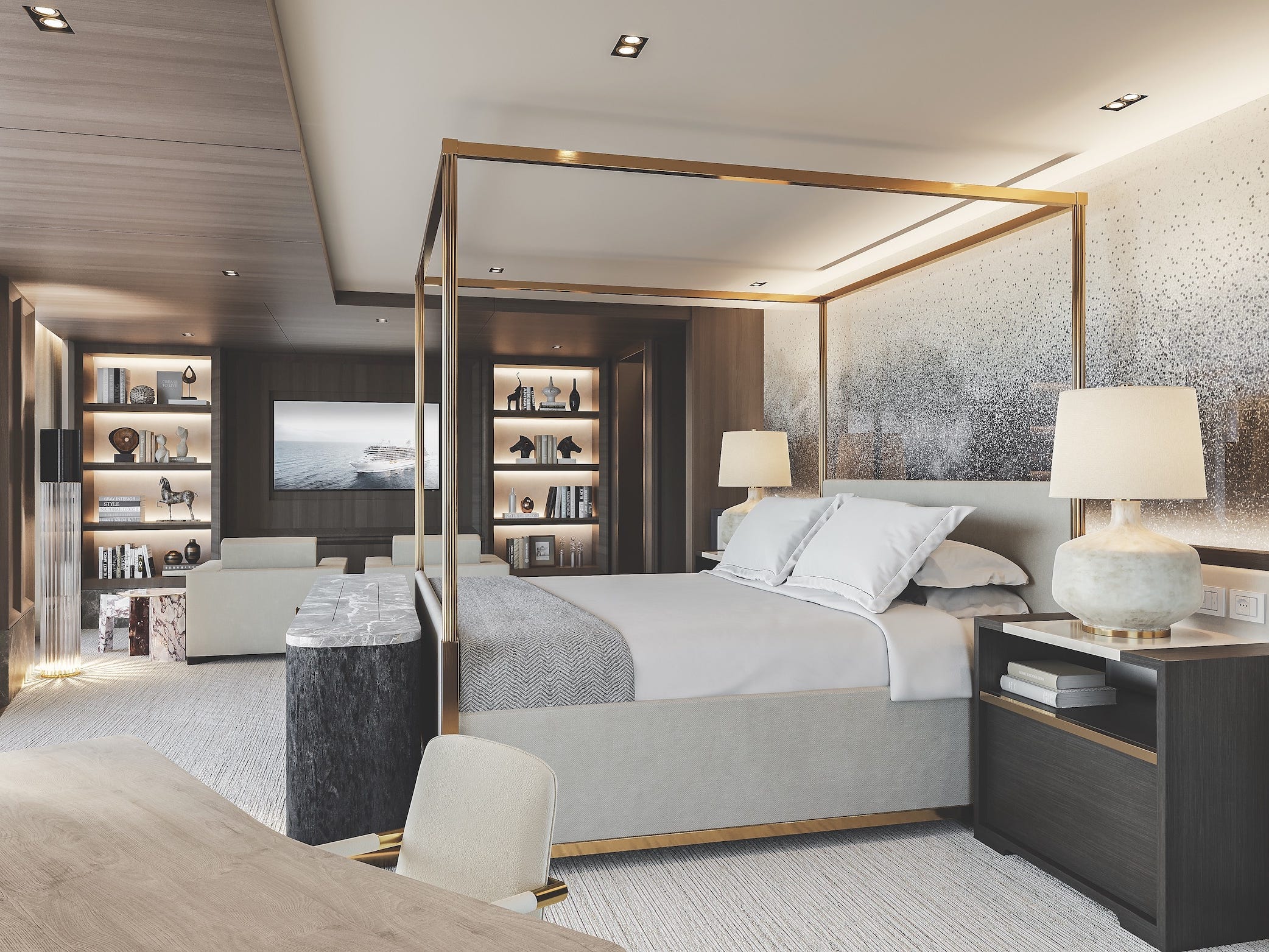 Seven Seas Grandeur's Regent Suite's primary bedroom