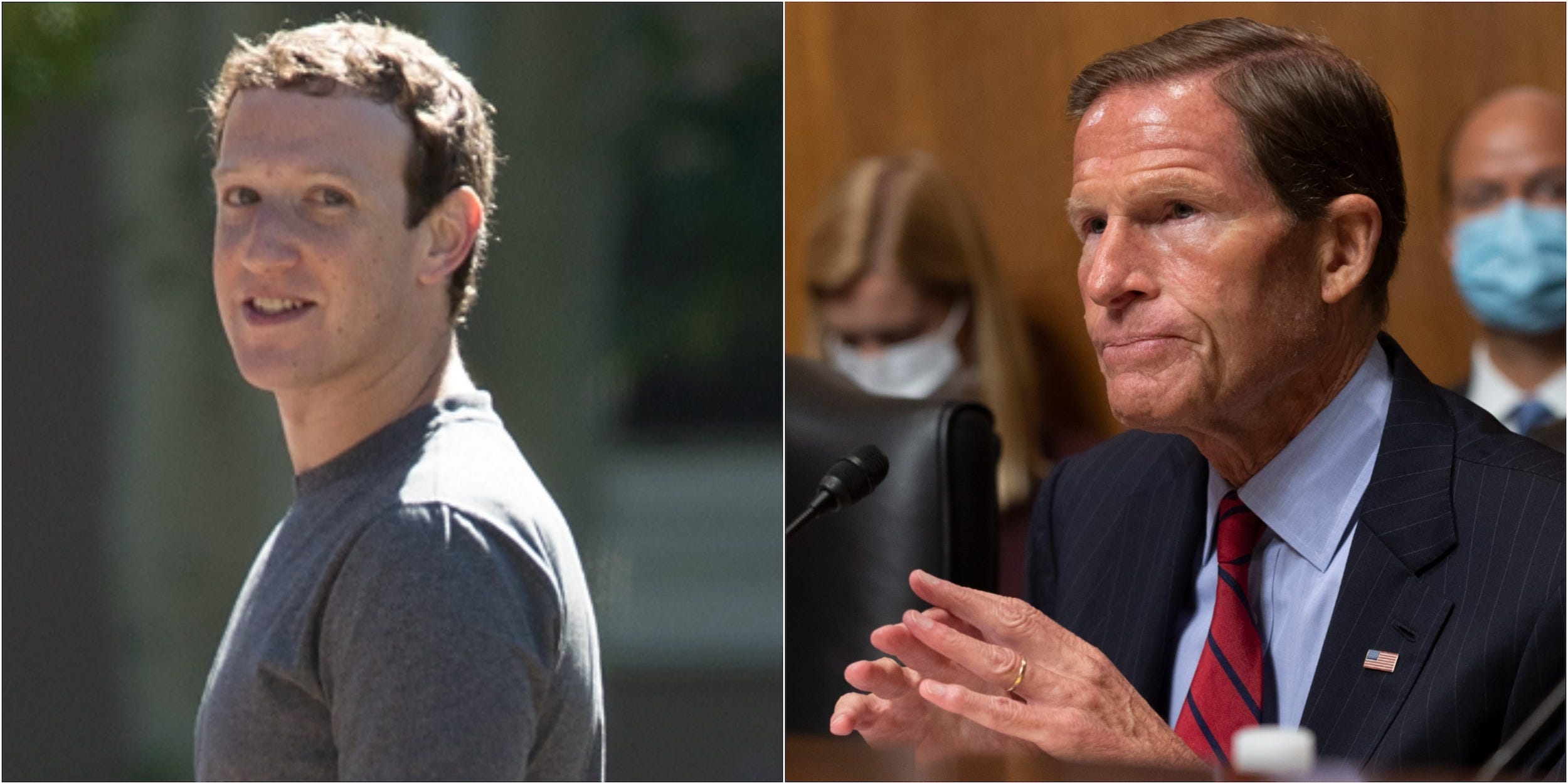 (Collage): Mark Zuckerberg stands in profile outdoors, Senator Richard Blumenthal holds his hands palms down while pointing his fingers forward at a Senate hearing dais.