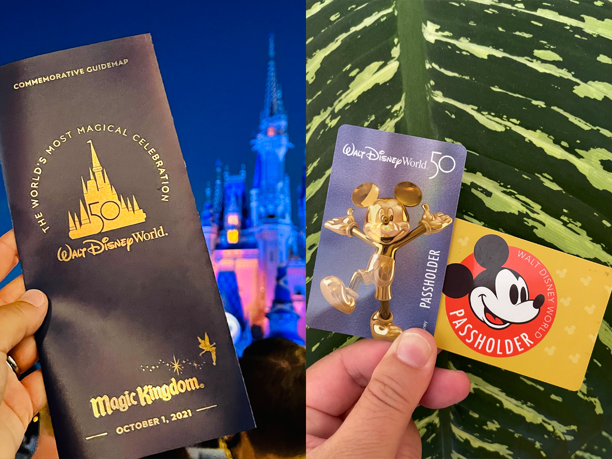 guidemap for disney world 50th anniversary next to photo of new 50th anniversary annual pass