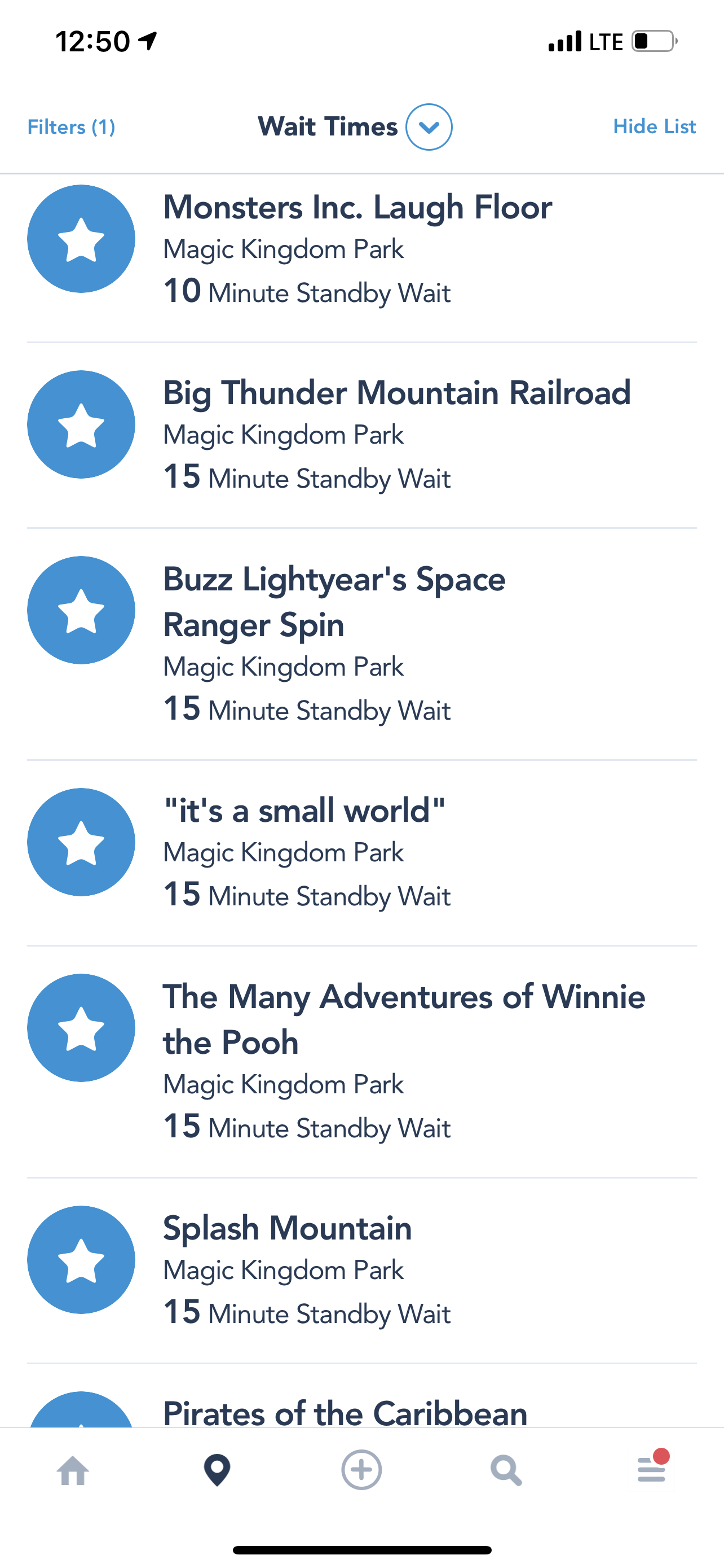 screenshot of the my disney experience app showing wait times for magic kingdom rides