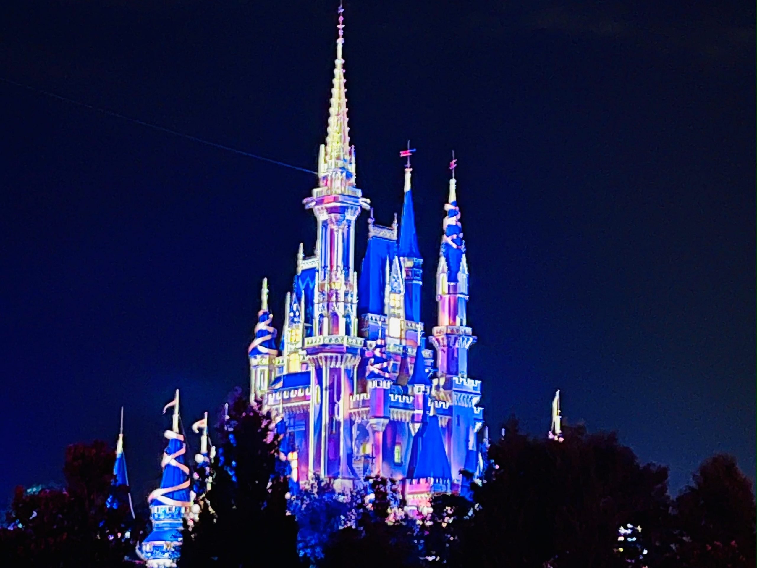 castle at disney world lit up at night during 50th anniversary celebration