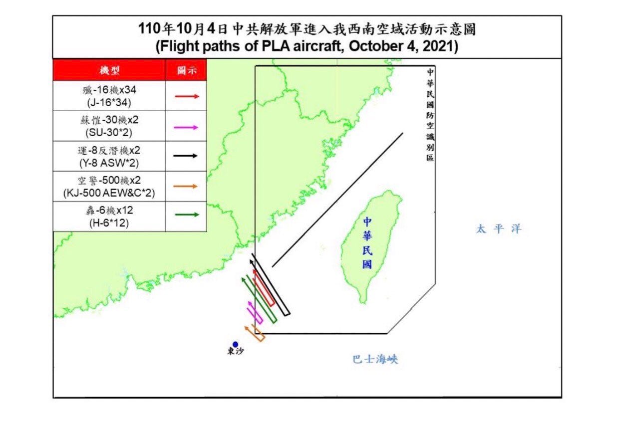 Flight paths of PLA aircraft on Oct. 4, 2021