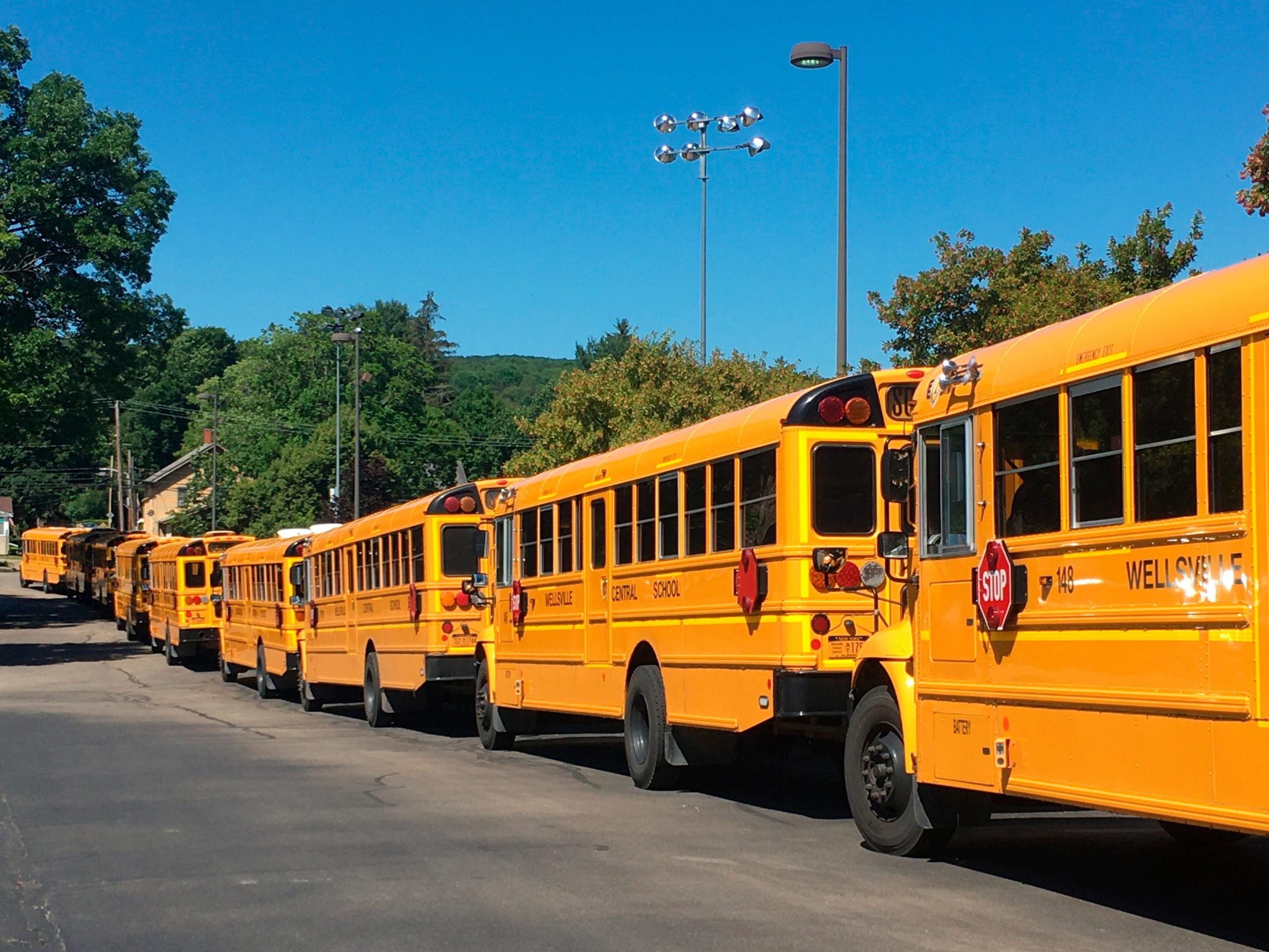 School buses lined up outside of a New York school.