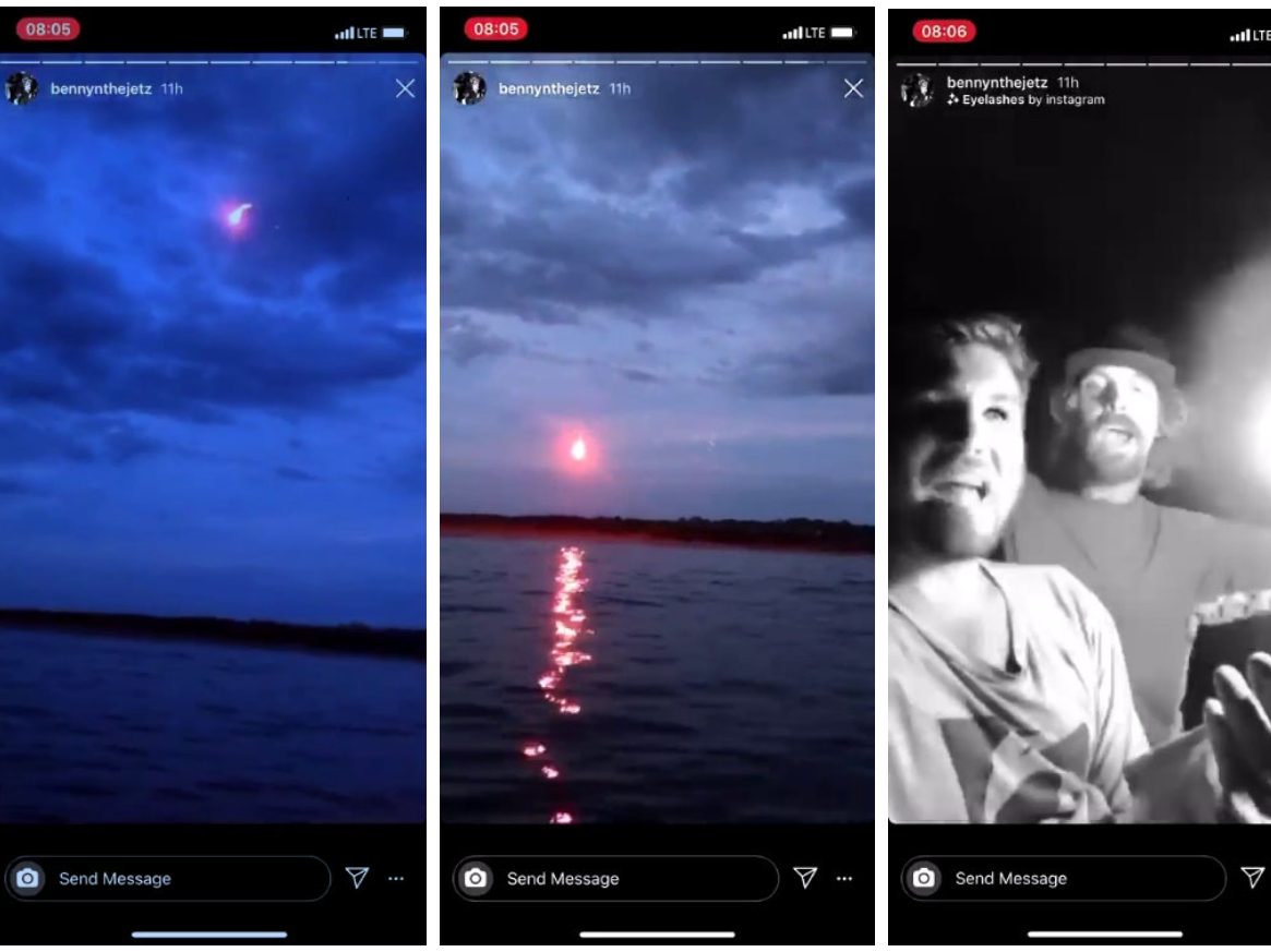 Screenshots from the social-media videos Perry Phillips and Benjamin Foster posted of the flares.